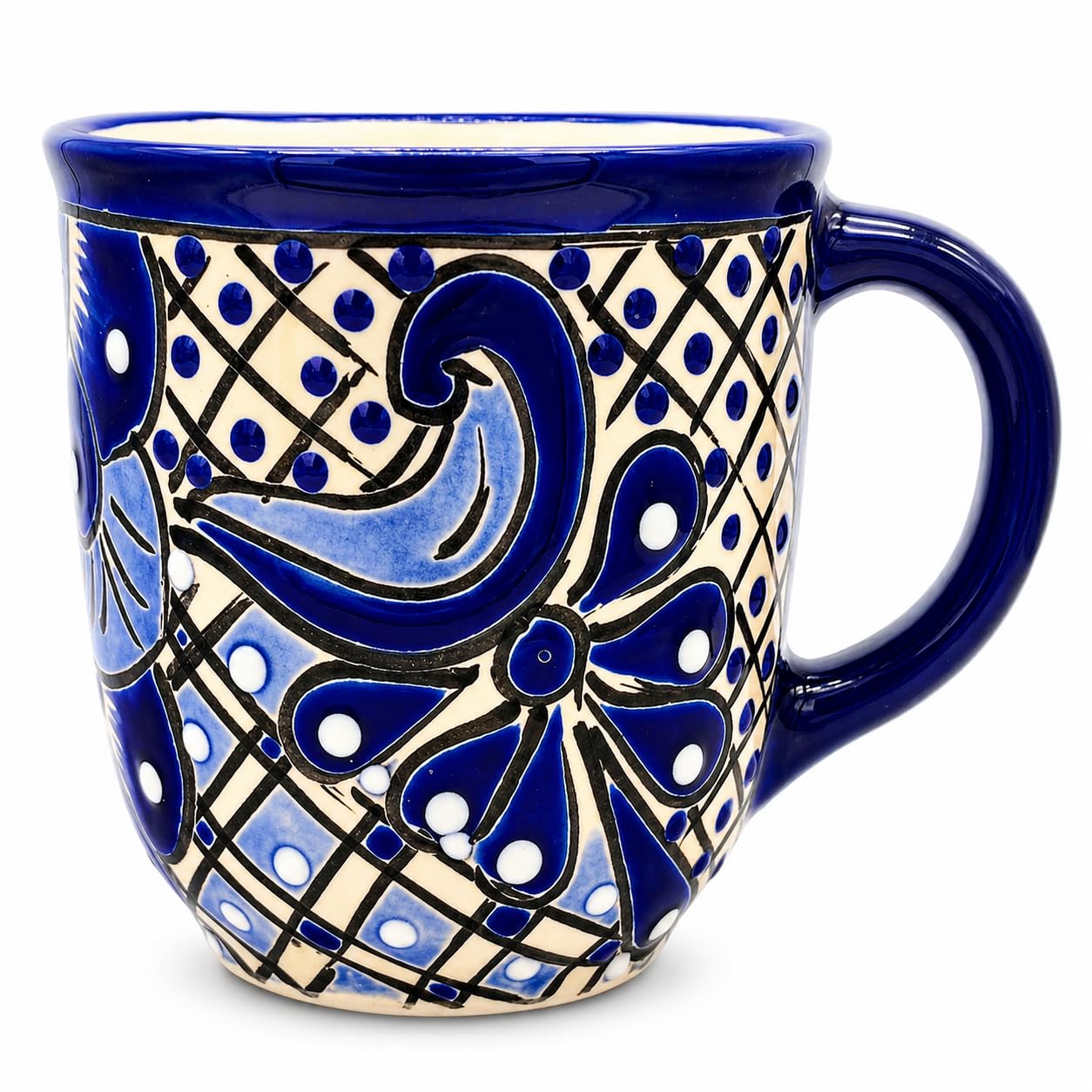 Casa Fiesta Designs HandPainted Talavera Ceramic Mug, Blue and White Mexican Pottery Coffee Cup, Handmade Kitchen Decor, Gift f
