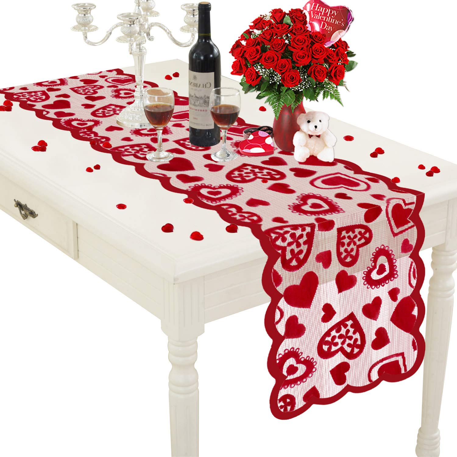 Mosoan Valentines Day Decor Table Runner - 13 X 72 Inch Red Lace Table Runner For Wedding Party, Valentines Decorations - Valent