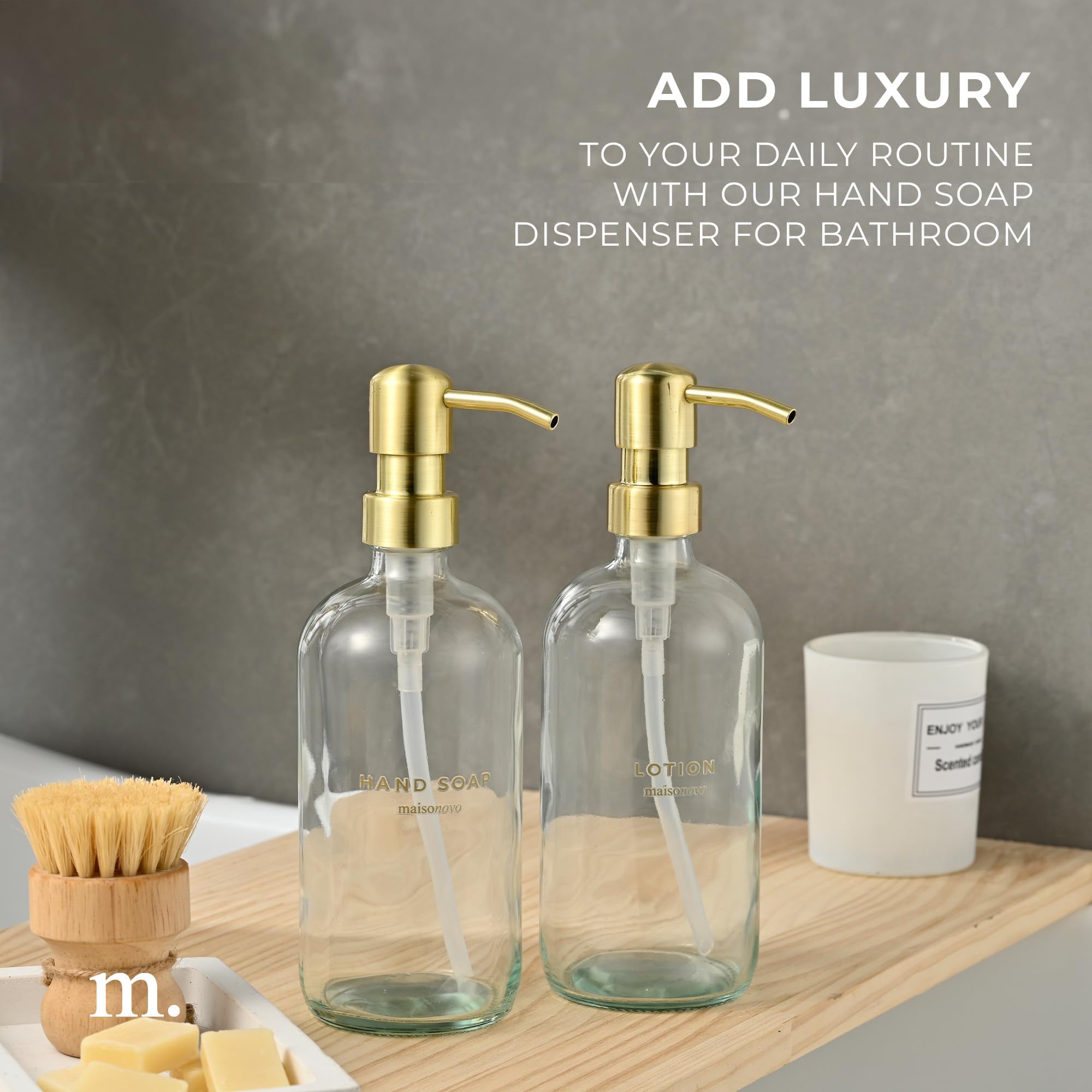 Maisonovo Bathroom Soap And Lotion Dispenser Set | 16.9 Fl Oz Clear Glass Gold Pumps X 2