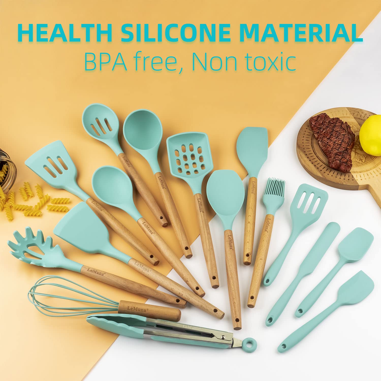 Lemuna Cooking Utensils Set, 18Pcs Kitchen Silicone Utensils, Heat Resistant Non Toxic & Bpa-Free With Holder & Wooden Handle, H