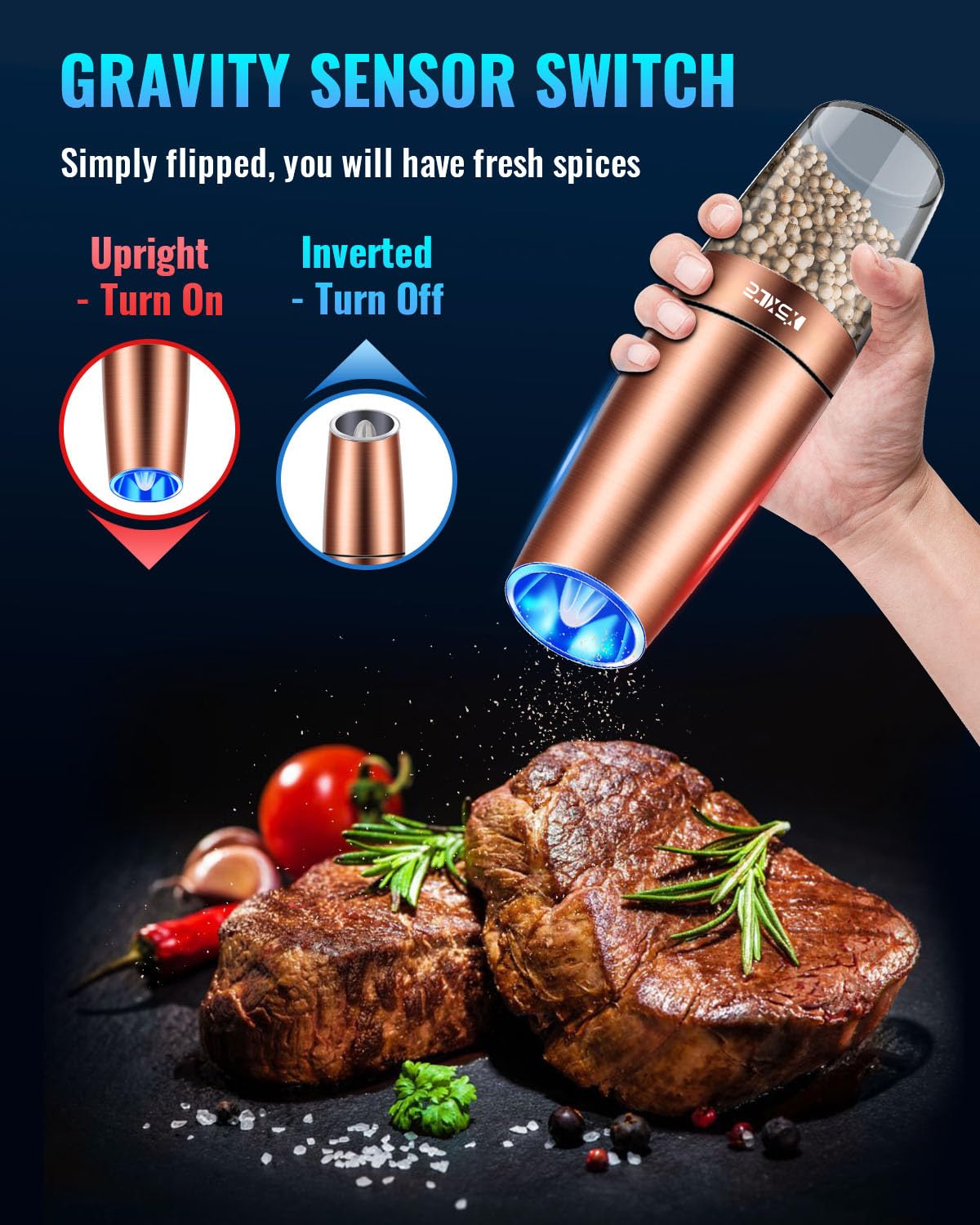 XinXu Gravity Electric Pepper/Salt Grinder, Salt or Pepper Mill, Adjustable Coarseness, Battery Powered with LED Light, One Hand