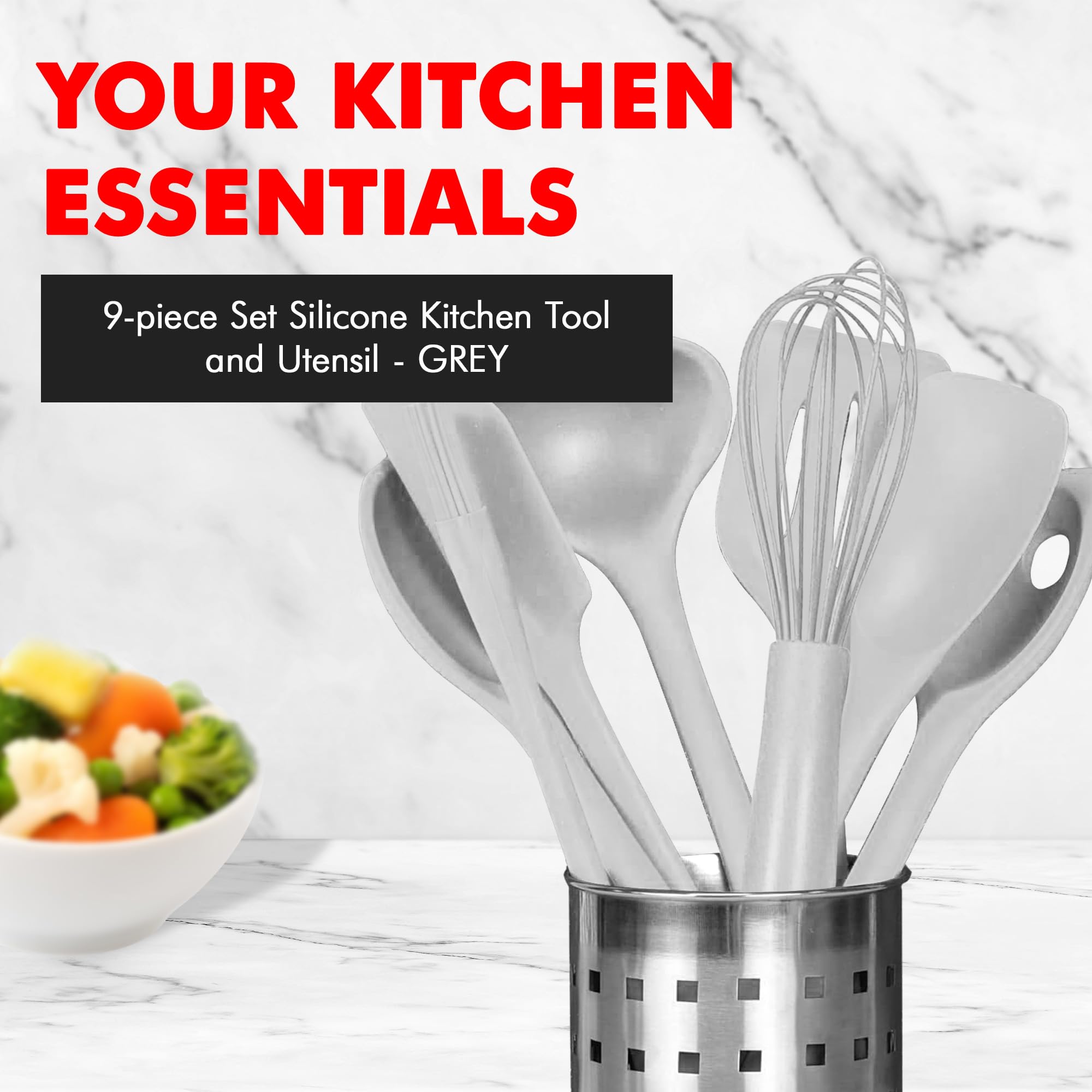 Chef Craft Premium Silicone Kitchen Tool And Utensil, 9 Piece Set, Gray