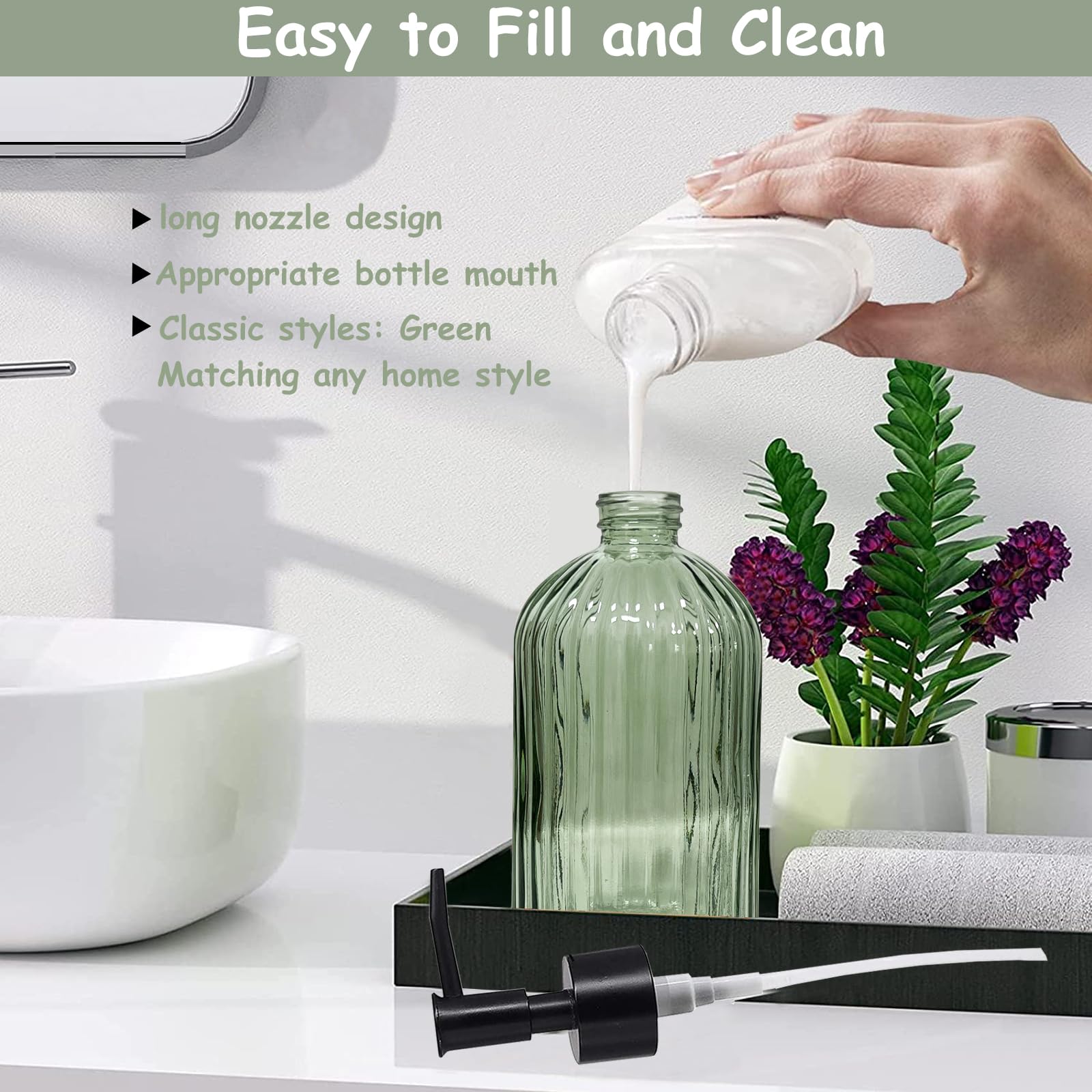 Green Glass Soap Dispenser Set With Black Pump, 13.5Oz Refillable Liquid Hand Soap Dispenser, Lotion Dish Soap Dispenser For Mod