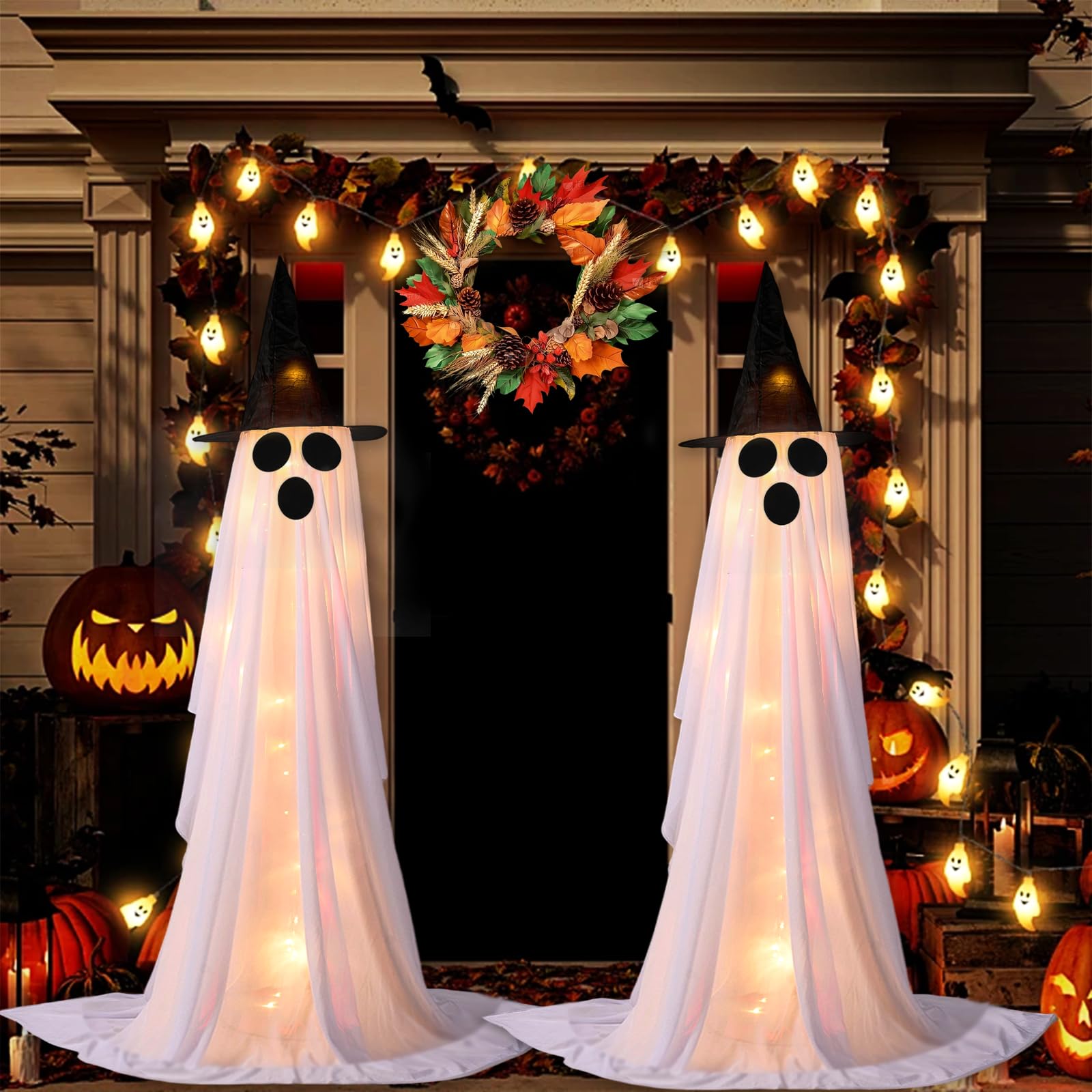 2Packs Halloween Decorations Outdoor,Halloweens Party Decoration Indoor,Spooky Ghost with Remote Control String Lights,Halloween