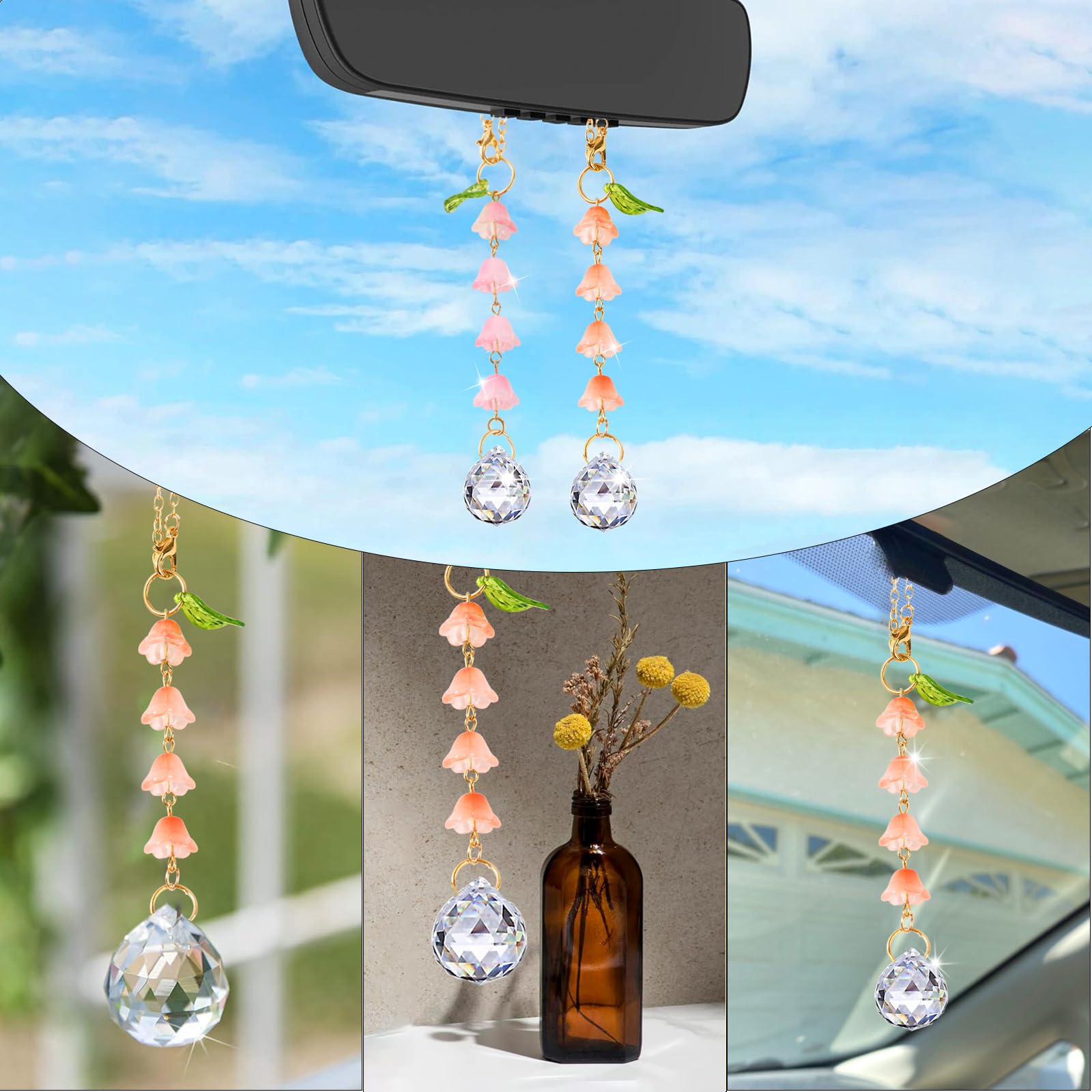 BYXVSBYS Sun Catcher Car Accessories Hanging Glass Lily of The Valley Rear View Mirror Accessories Cute Car Mirror Decor for Wom