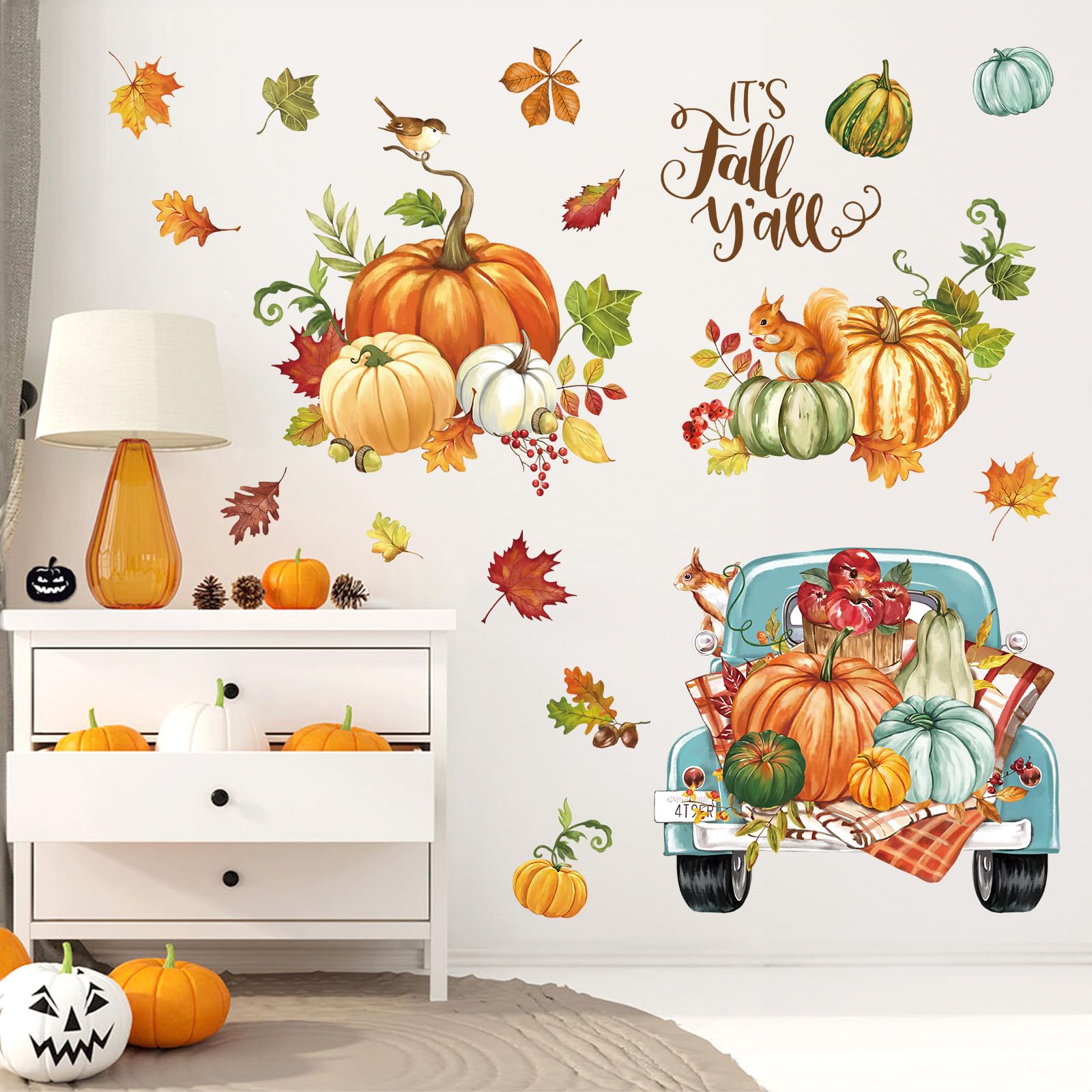 Wondever Fall Thanksgiving Pumpkin Wall Stickers Autumn Leaves Truck Peel And Stick Wall Art Decals For Kitchen Dining Room Bedr