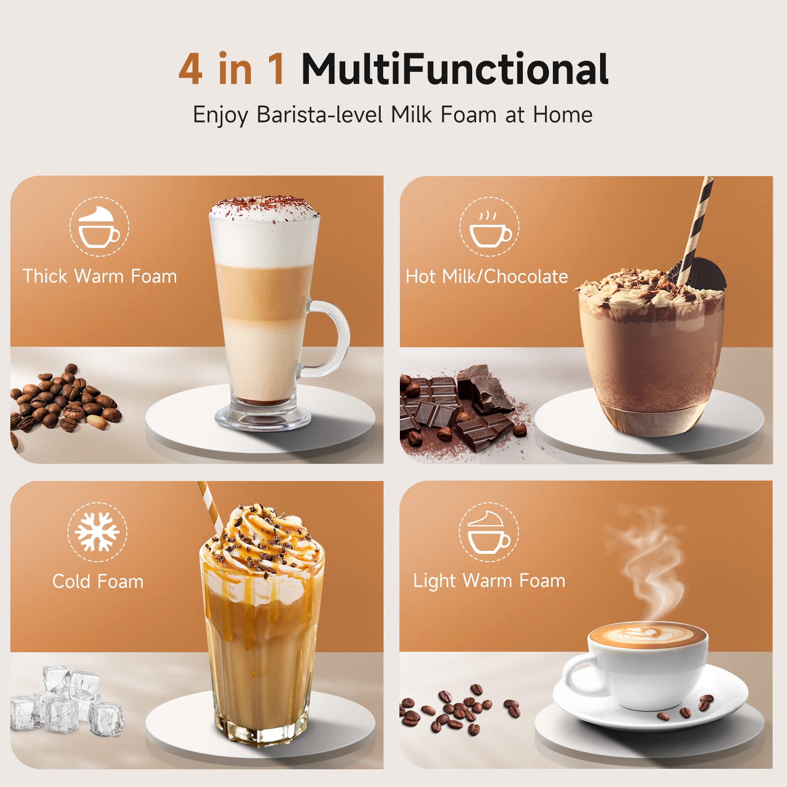 Eastsign Milk Frother, Frother For Coffee, 4 In 1 Electric Milk Frother And Steamer, Warm And Cold Foam Maker, Hot Chocolate Mak