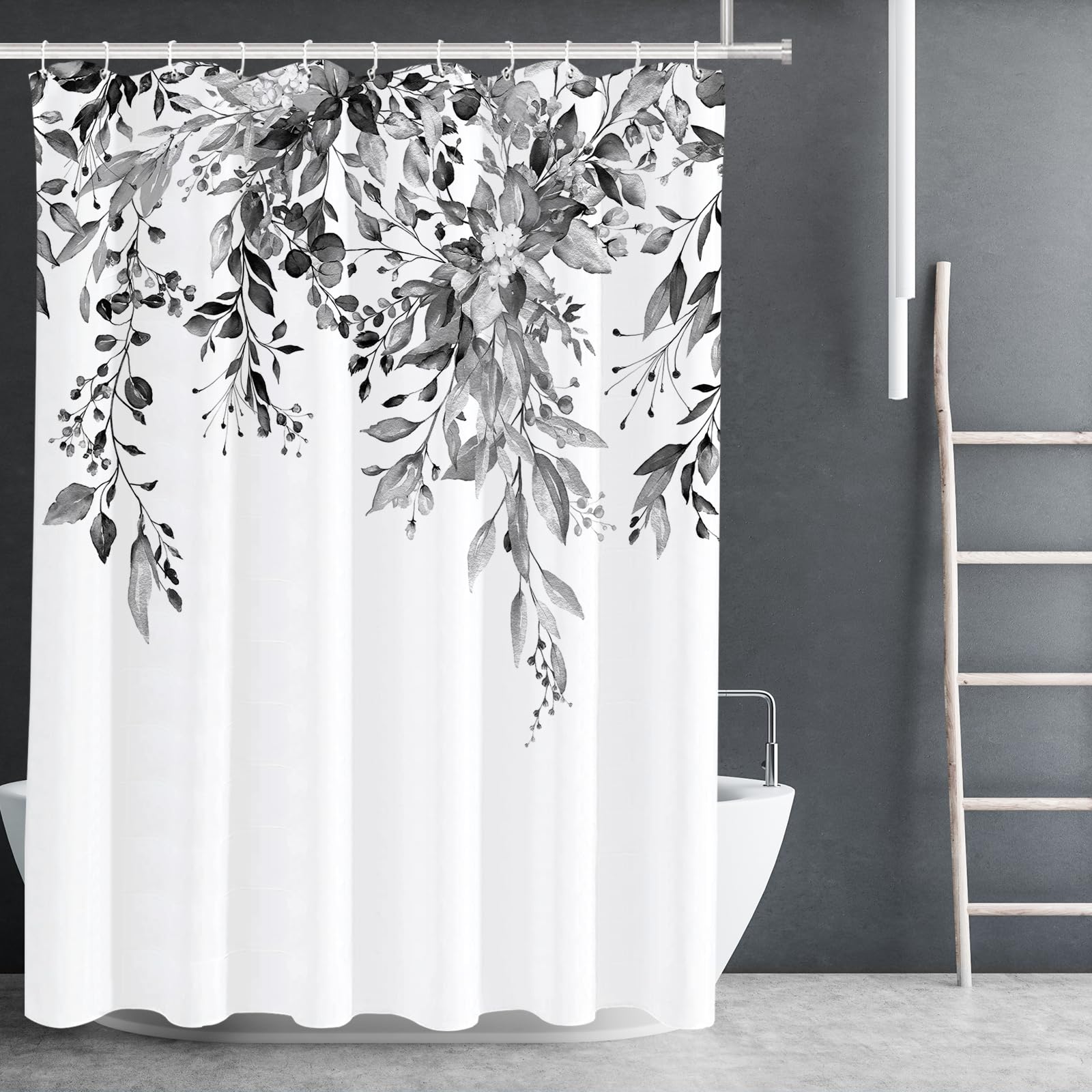 Tititex Black Eucalyptus Shower Curtain Sets, Watercolor Grey Leaves On The Top Plant With Floral Bathroom Decoration 72X78 Inch