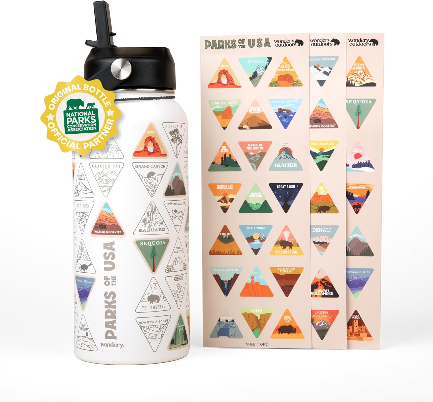 Wondery Original National Parks Of The Usa Bucket List Travel Water Bottle With Waterproof Stickers And Straw | White 32 Oz Engr