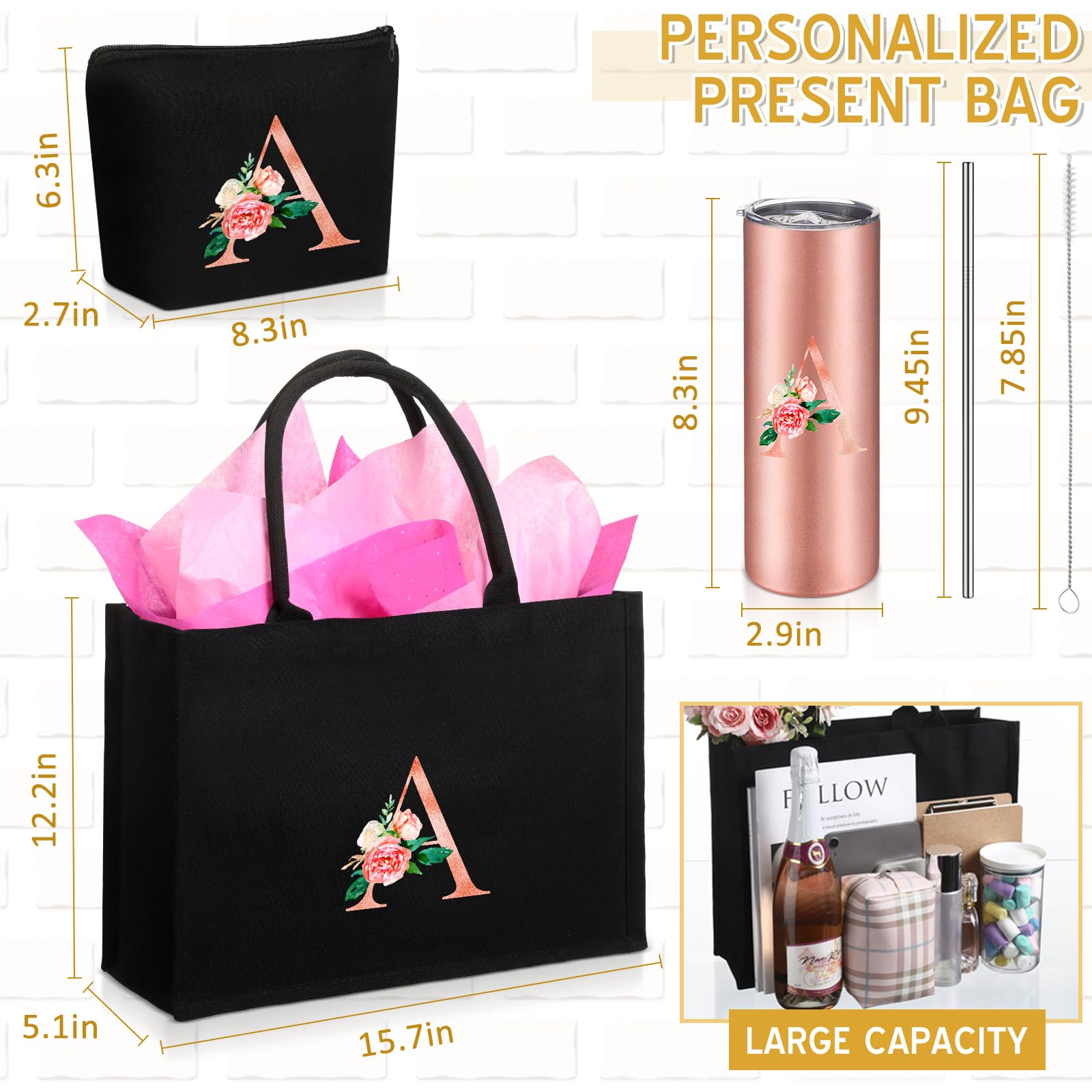 Huhumy Initial Canvas Tote Bag For Women Personalized Birthday Gift Tote Bag Makeup Bag Monogram Initial Tumbler For Women(A)