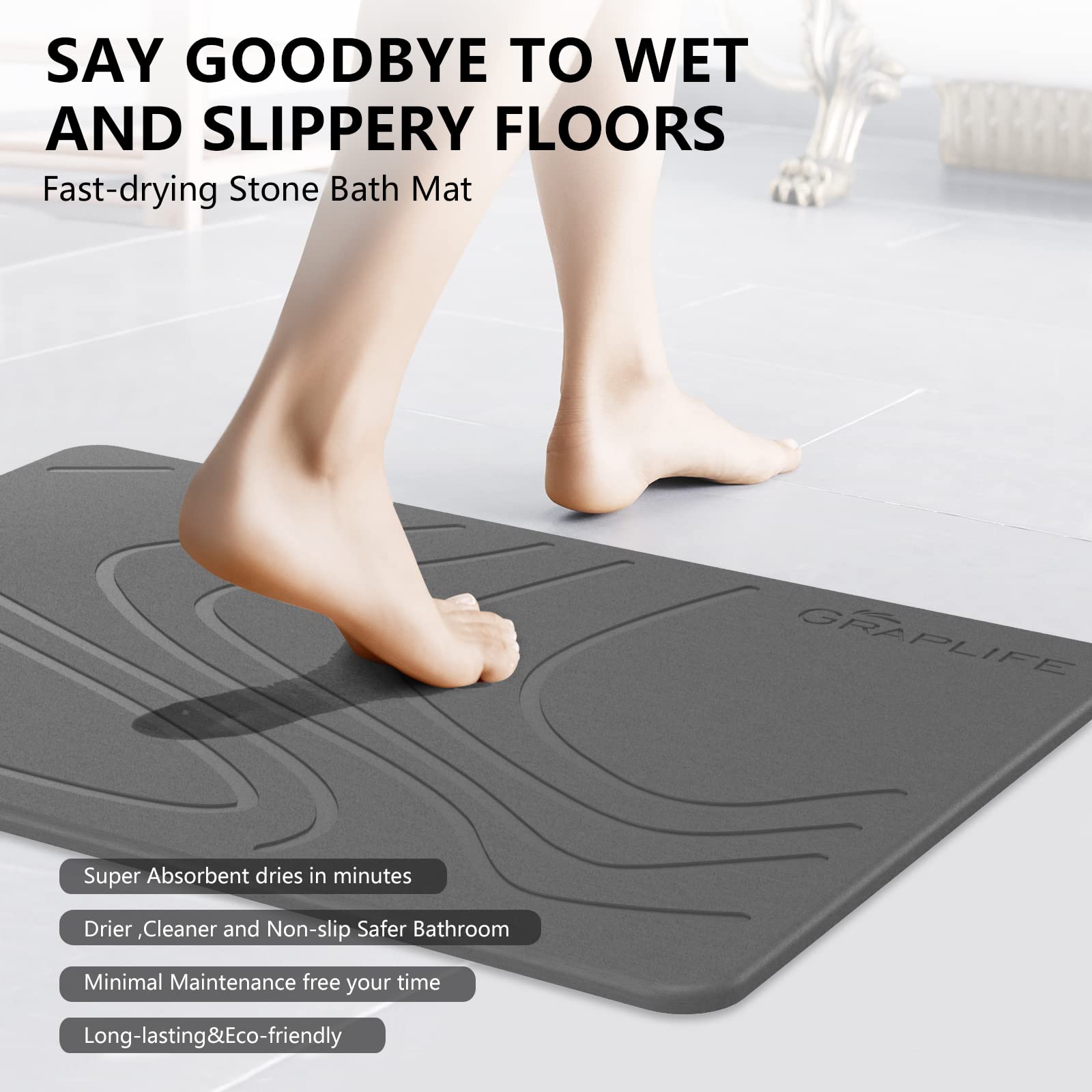 Graplife Stone Bath Mat 2 Pack  Tub & Bathroom Floor - Super Absorbent Diatomaceous Earth Shower Mat  Non-Slip Fast-Drying Mat for Kitchen Counter  Elegant Home Decor & Modern Accessories Gray