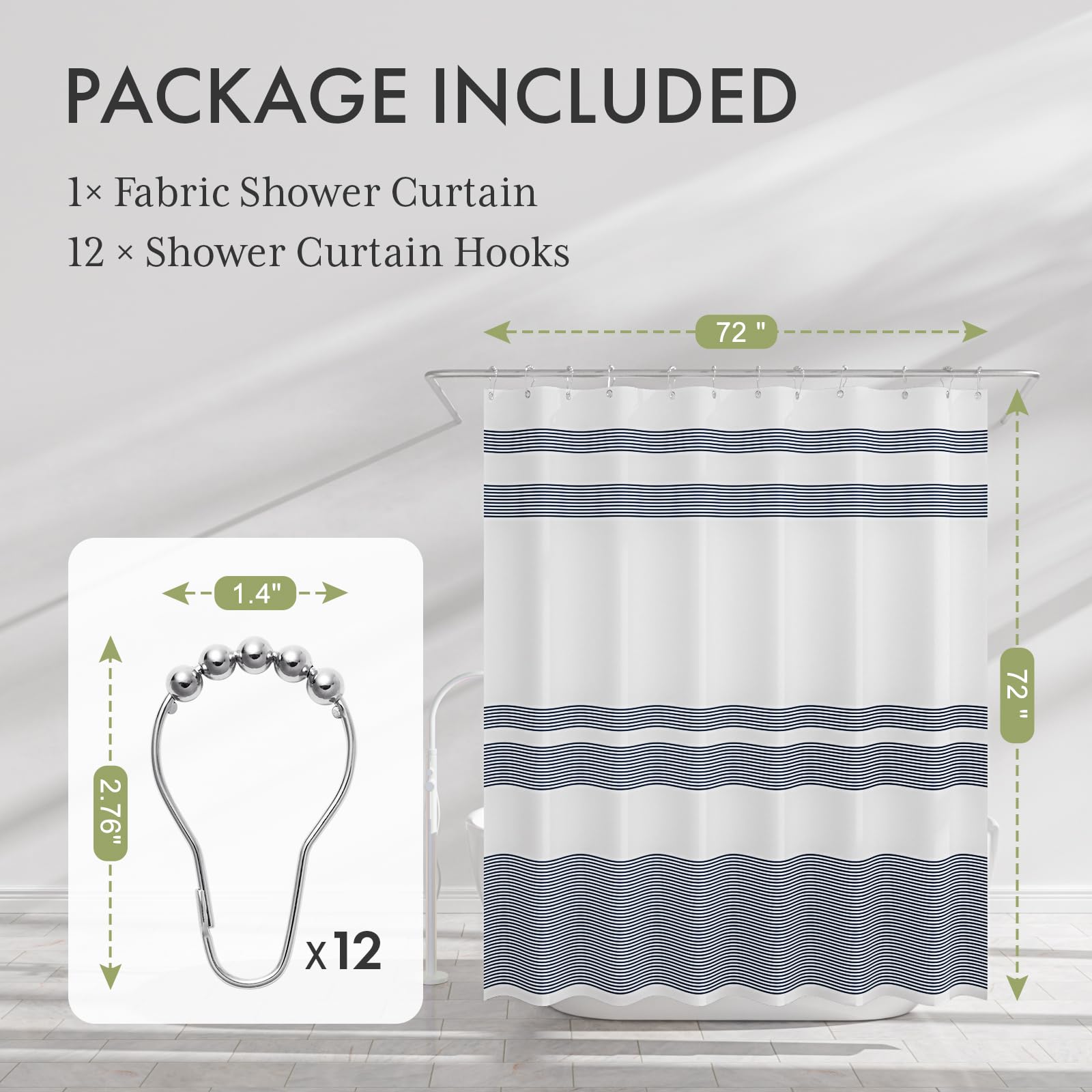 AmazerBath Shower Curtain Sets  Striped Blue Cloth Shower Curtain with 12 Shower Curtain Hooks  Rustic Fabric Blue and White Shower Curtain  Washable Farmhouse Bathroom Shower Curtain  72x72 Inches
