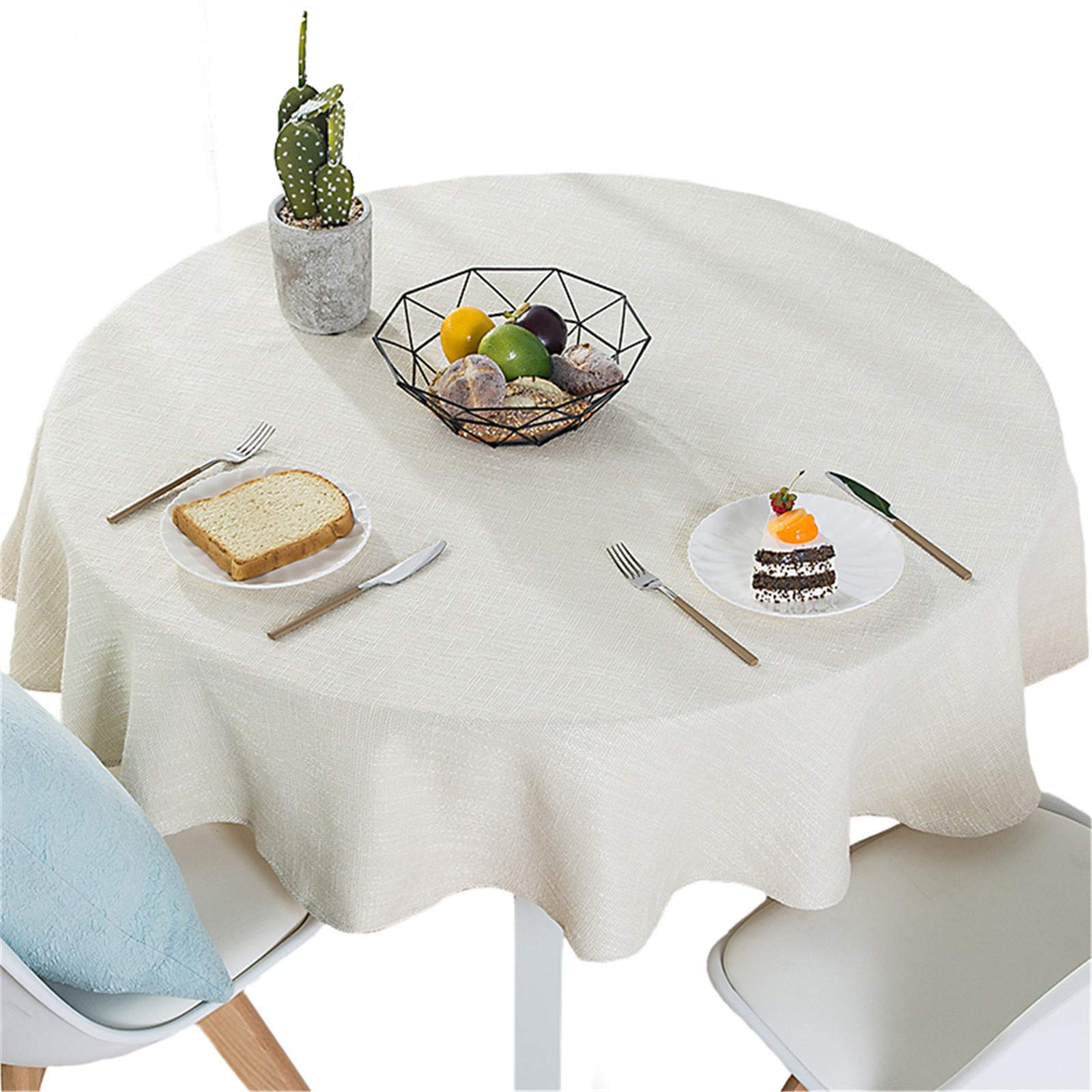 Dimatic Cotton Linen Solid Color Tablecloth Round Simple Style Table Cover For Small Round Table 24''-40'' (2 Seats), Off White,