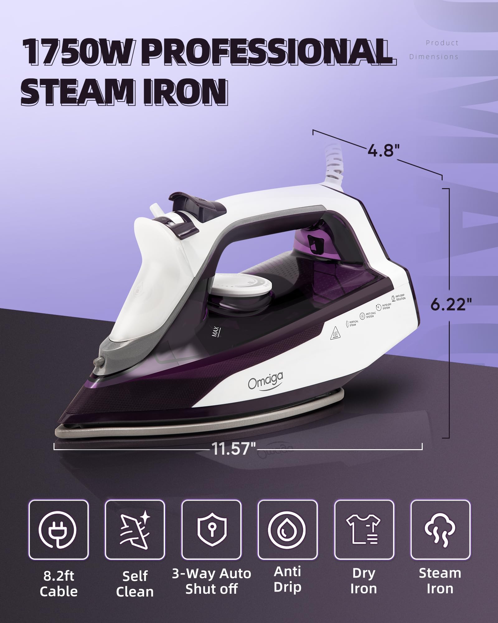 Steam Iron For Clothes, 1750W Clothes Iron With Double-Layer Ceramic Soleplate, Iron For Clothes With 13.52Oz Water Tank, Clothi