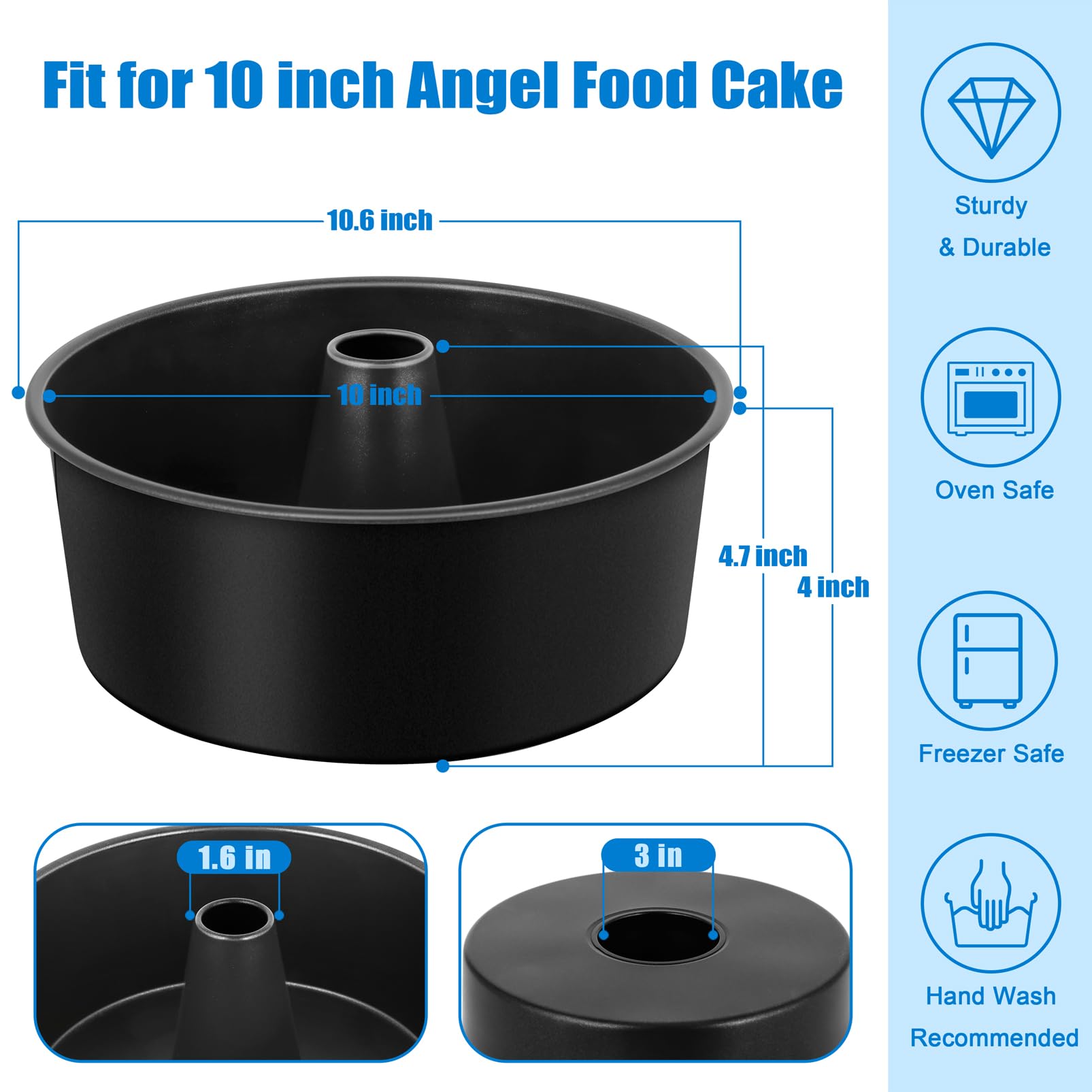 Teamfar 10 Inch Angel Food Cake Pan, Non-Stick Coating Stainless Steel Core Pound Cake Pan With Tube, Healthy & Heavy-Duty, One-