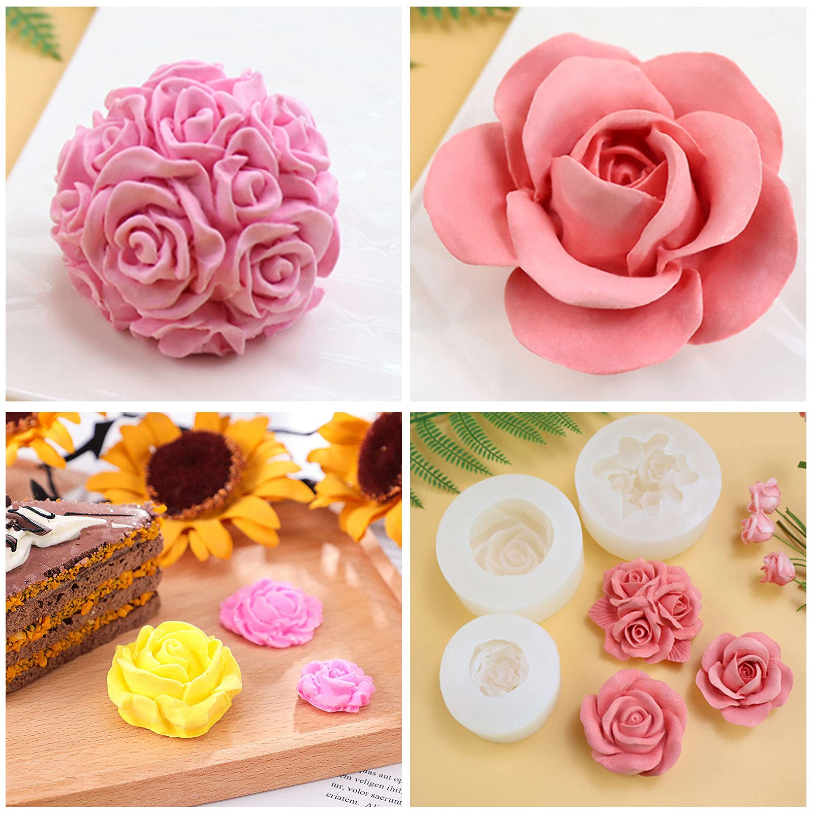 Whaline 4Pcs 3D Rose Silicone Mold Valentine'S Day Mold Assorted Heart Flower Bloom Shape Fondant Mould Chocolate Candy Mold Cak