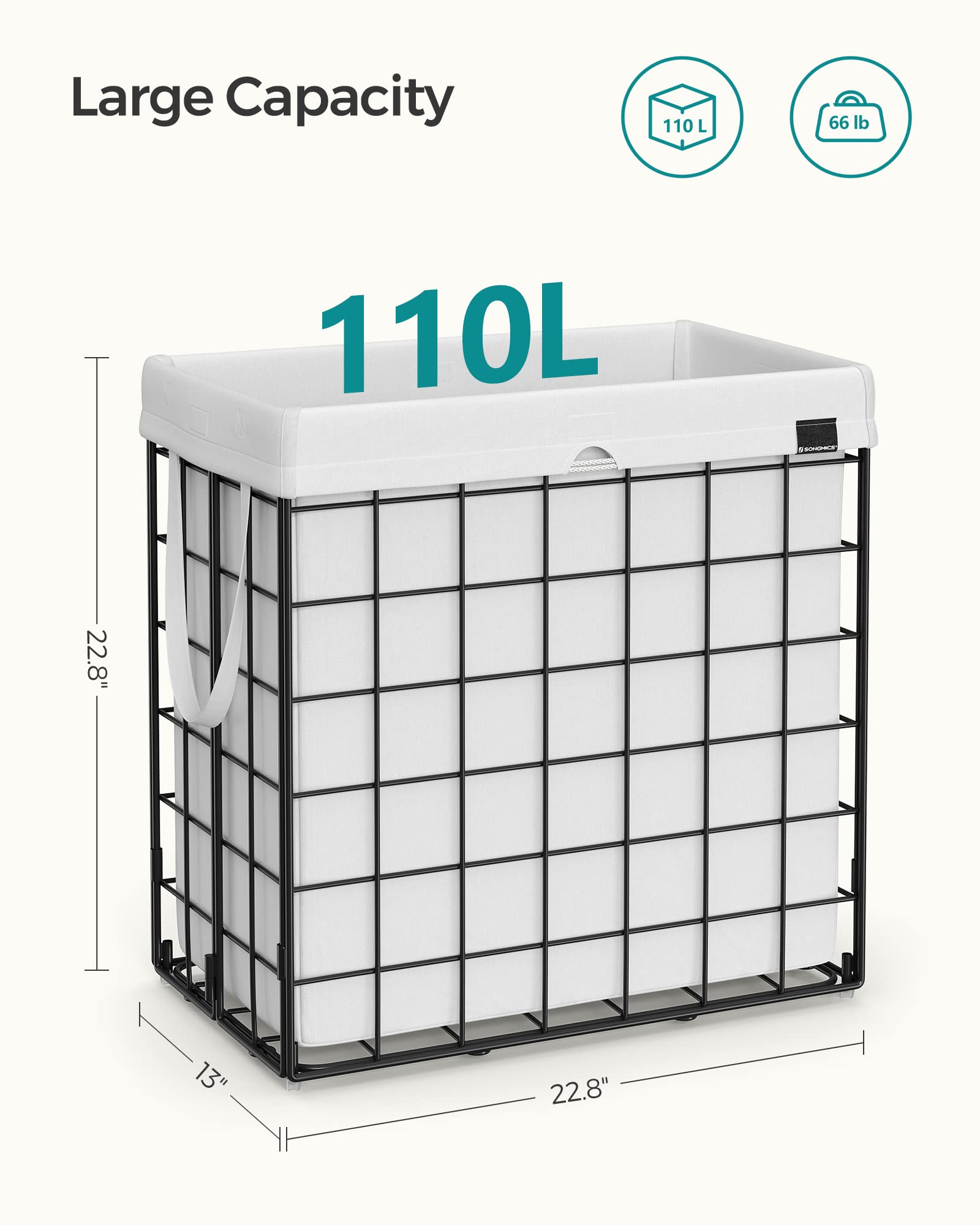 Songmics Laundry Hamper, 29 Gal. (110L) Laundry Basket, Collapsible Clothes Hamper, Removable And Washable Liner, Metal Wire Fra