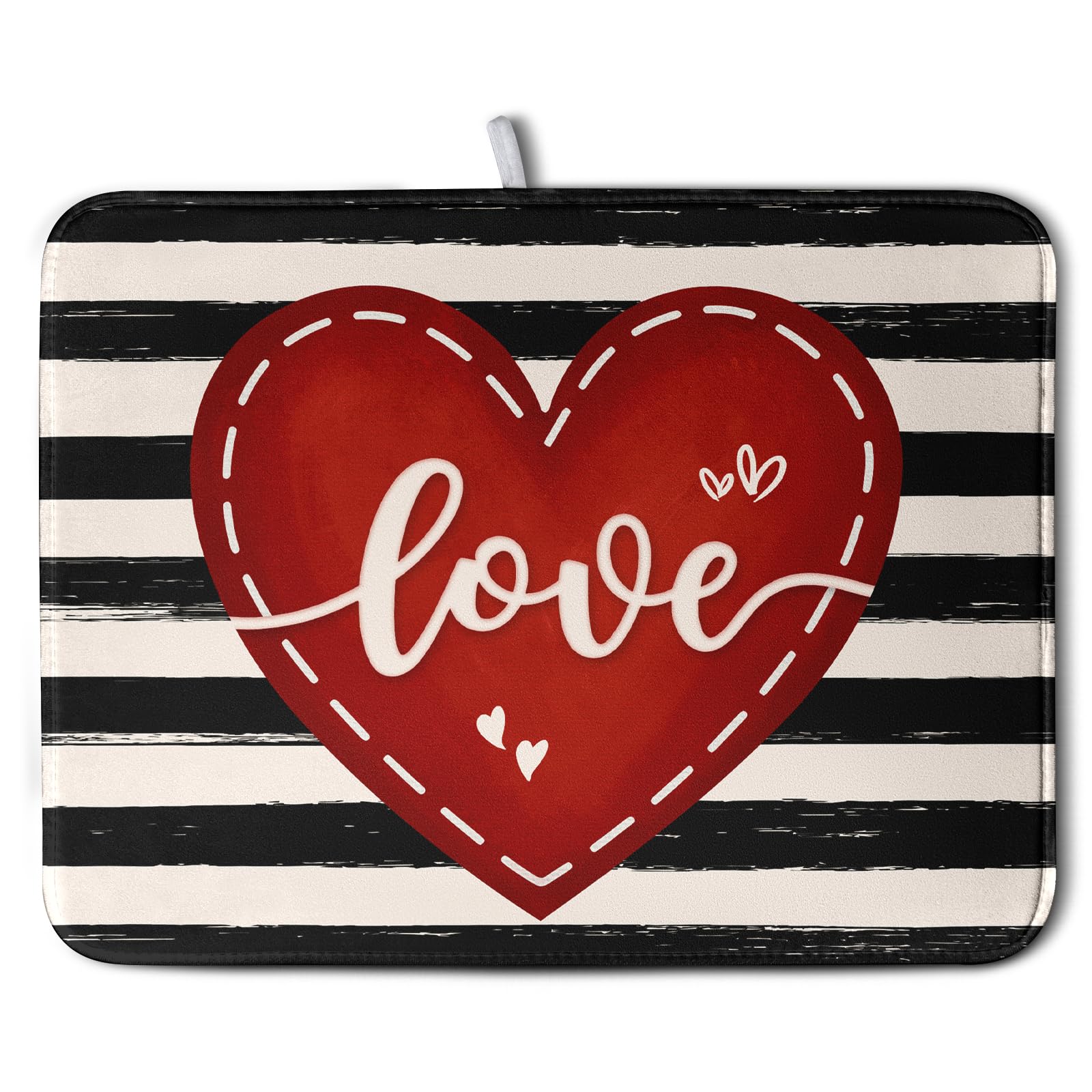 Kwlegh Valentines Day Dish Drying Mat for Kitchen Counter 18x24 Black White Stripes Red Love Heart Dishes Drainer Mats Absorben