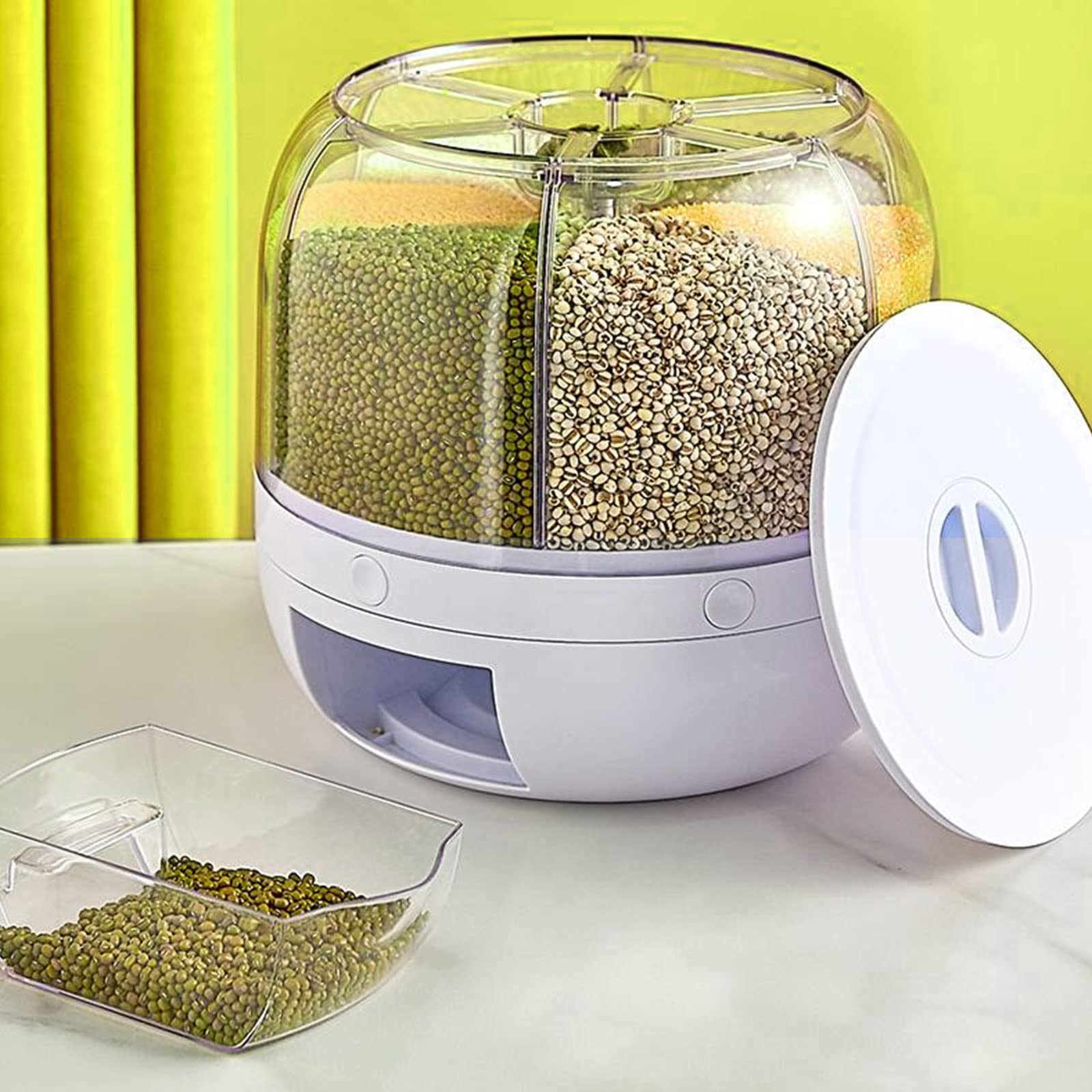 Sabuidds Rotating Grain Dry Food Dispenser Countertop - 6 Grids Cereal Tank Dispenser For Lentils, Rice, Beans - Kitchen Pantry