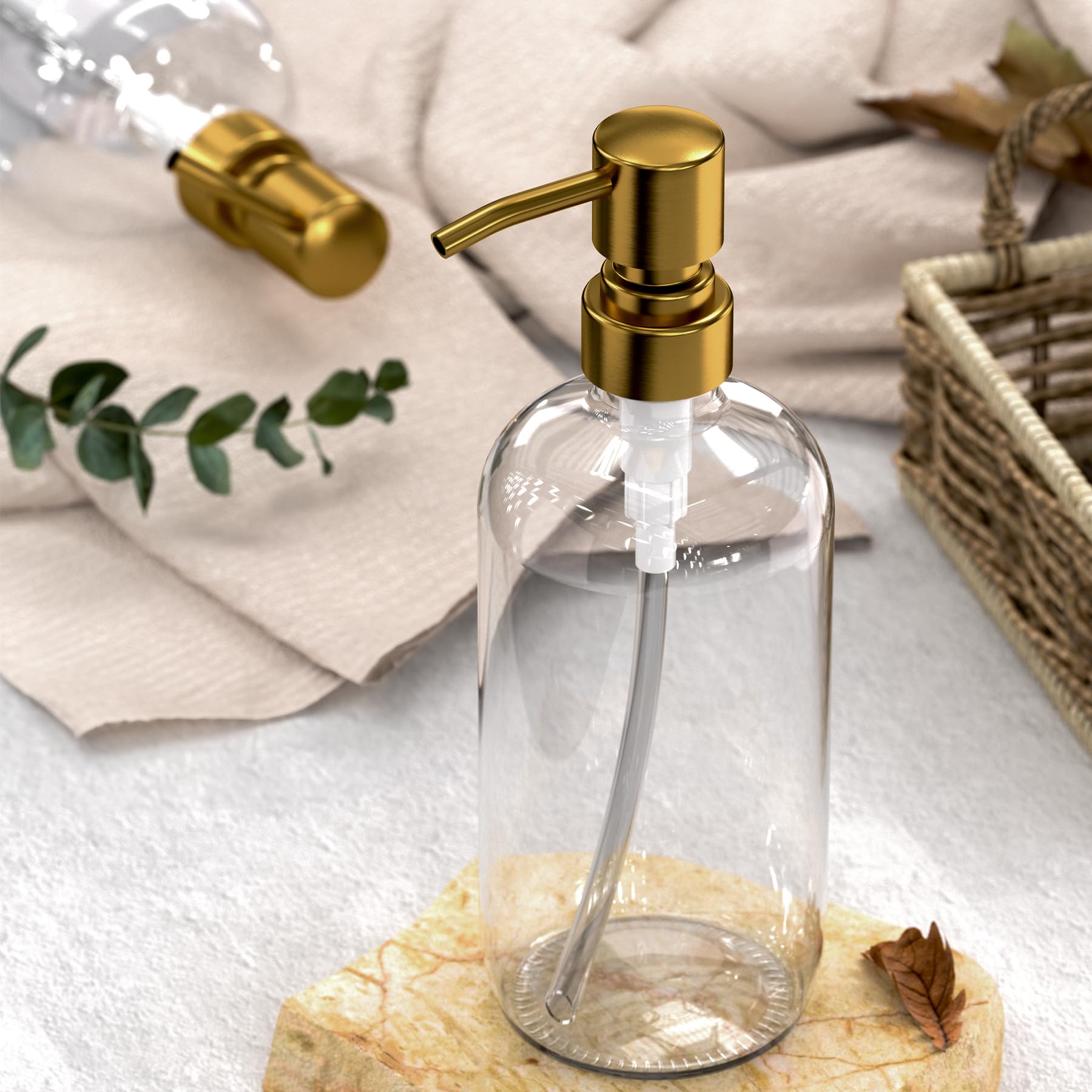 Amazerbath Soap Dispenser, 2 Pack Glass Soap Dispenser With Pump Stainless Steel, 17Oz Gold Hand Soap Dispenser, Clear Soap Disp
