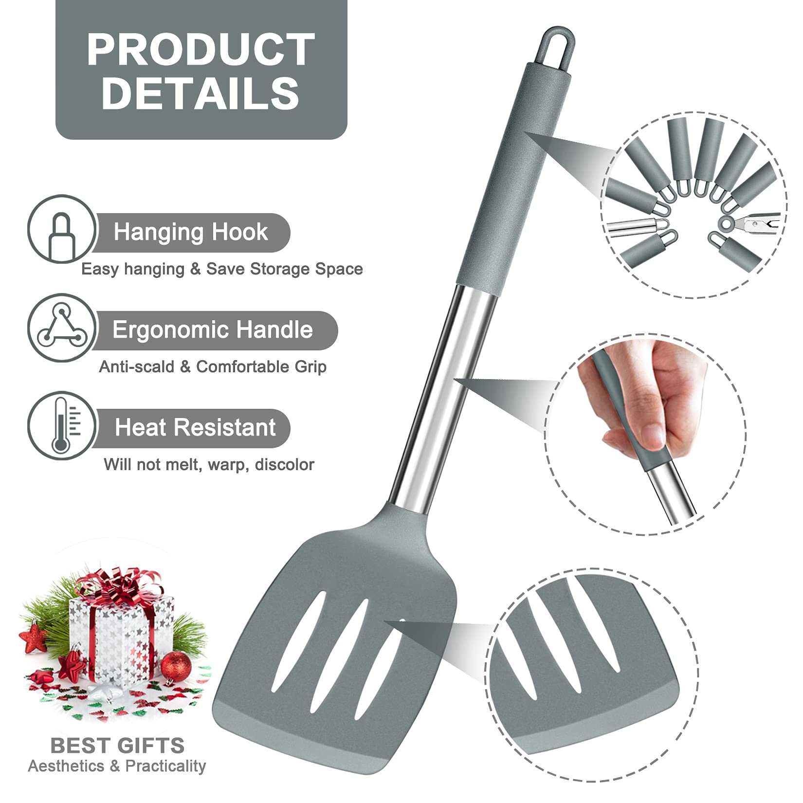 P&P CHEF Silicone Kitchen Utensils Set of 10, Heat-Resistant, Non-toxic, Gray, Stainless Steel Handles, Model SRKU-31