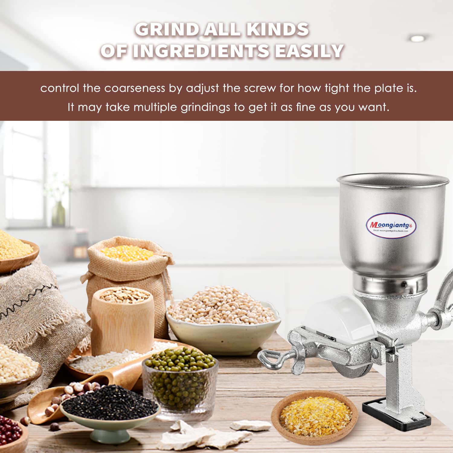 Moongiantgo Cast Iron Corn Grinder - Hand Crank Grain Mill, Large Hopper, Silver, Model XHH-19B for Manual Crushing of Grains & Seeds