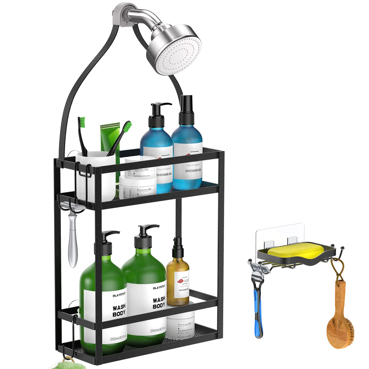 Meangood Shower Caddy Organizer With Soap Holder,Mounting Over Shower Head Or Door,Extra Wide Space For Shampoo, Conditioner, An
