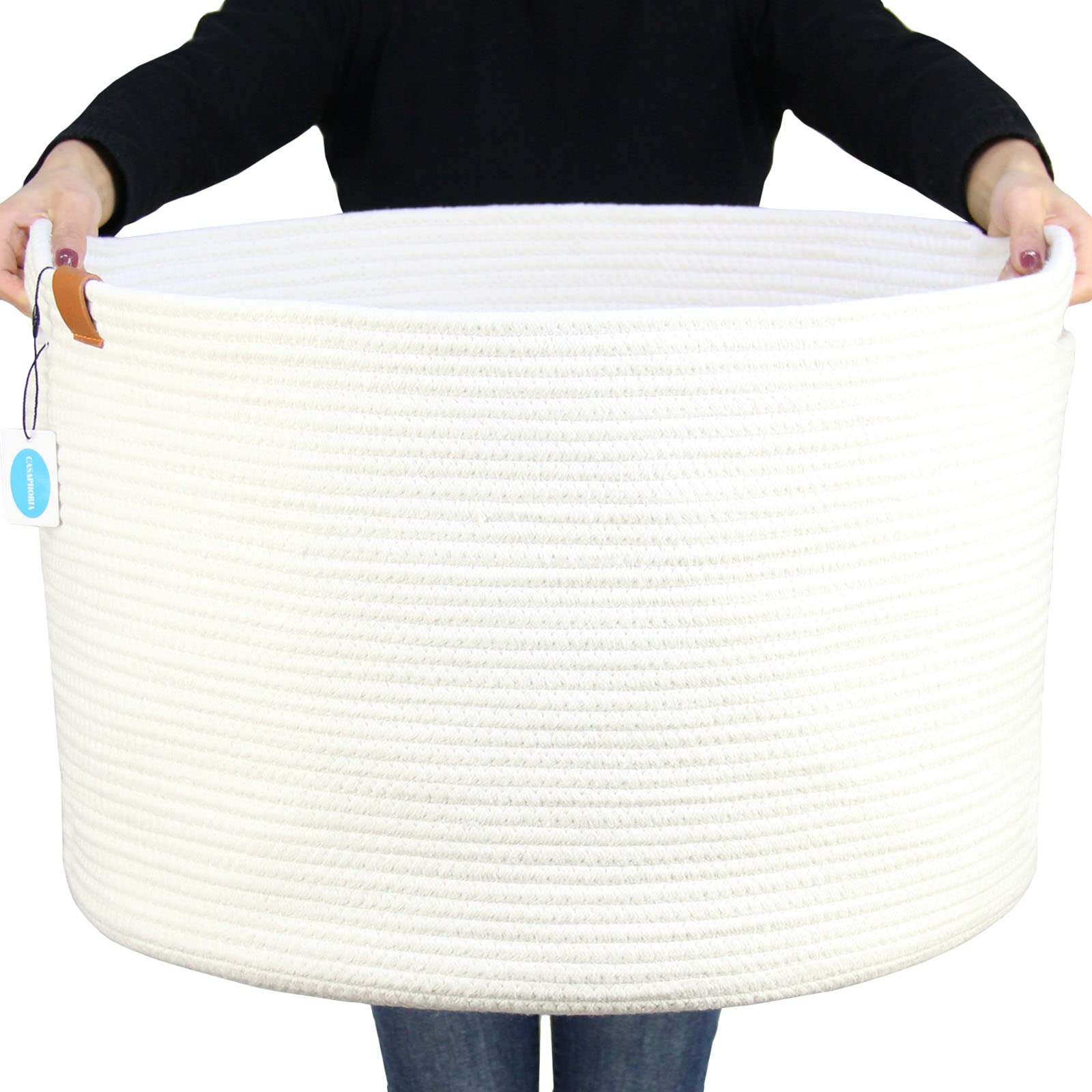Casaphoria Xxxlarge Cotton Rope Basket For Living Room - Woven Storage Basket With Handle For Blankets, Towels And Pillows Laund