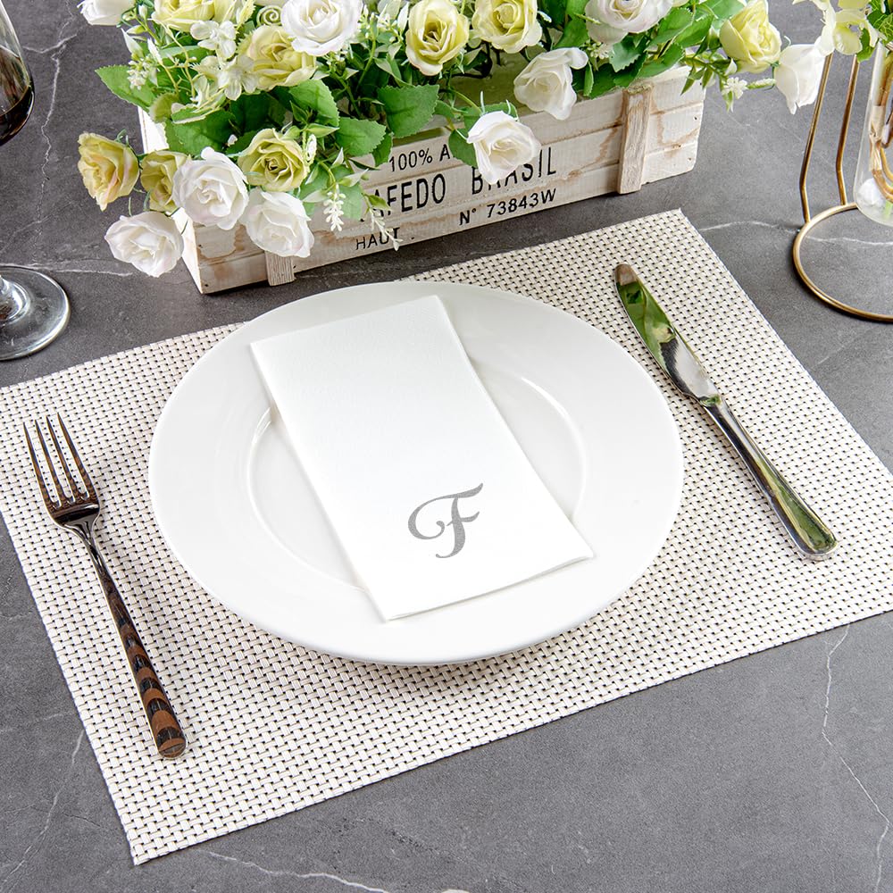 Luxenap 15.8 X 7.9 Inch Linen-Feel Guest Towels, 50 Lettered Hand Towels - Silver Letter 'F', Cursive Font, White Paper Dinner N