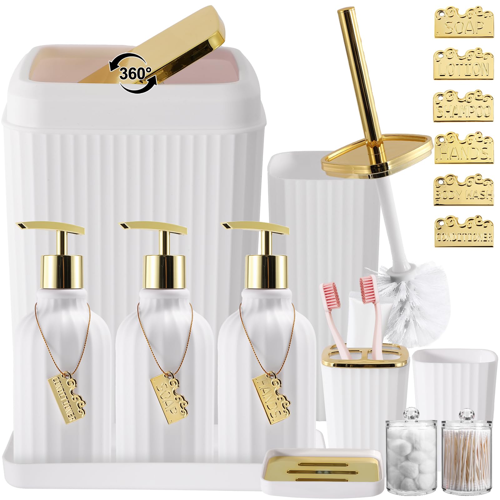 WSBArt 17PCS Bathroom Accessory Set Bathroom Set Gold Bathroom Accessories,Toilet Brush, Trash Can, Qtip Holder Dispenser& 3PCS 