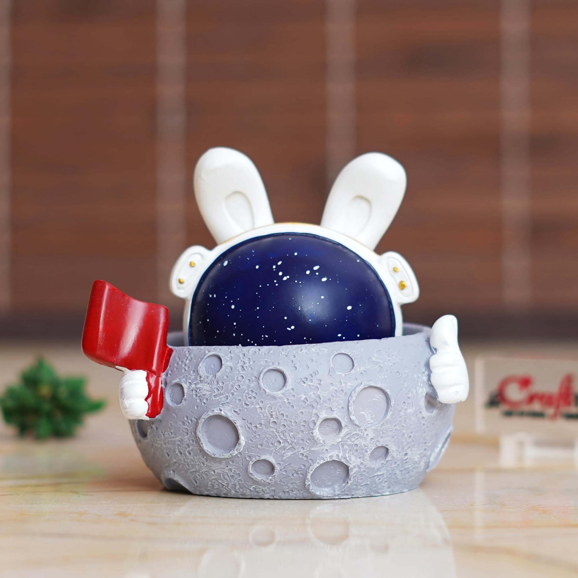 Ecraftindia Rabbit Astronaut Miniature Statue On Moon Shaking Head With Red Flag Decorative Showpiece For Home Decor Living Room