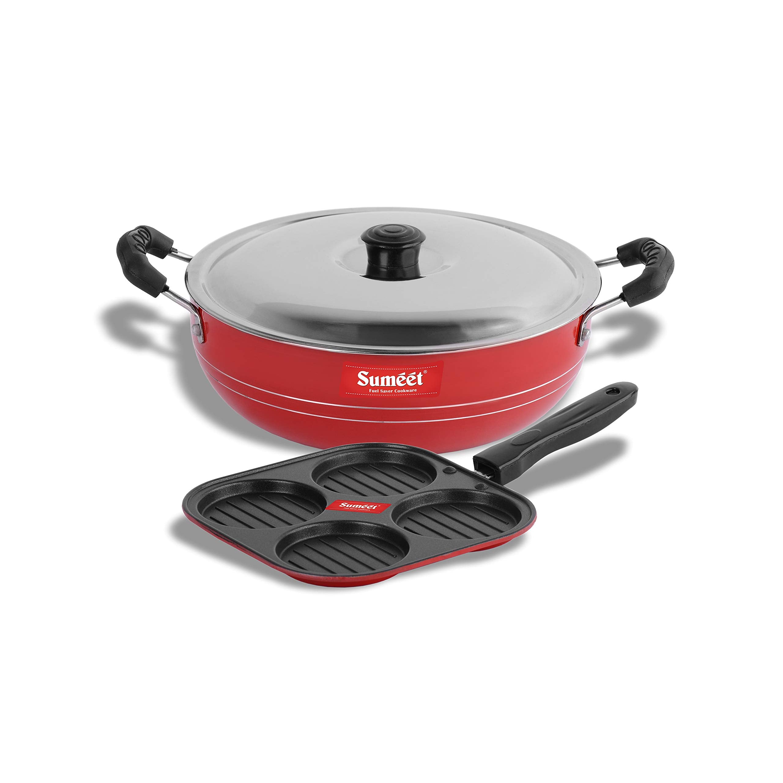 Sumeet 2.6Mm Thick NonStick Apple Cookware Set (Mini Multi Snack Maker  19.5Cm Dia + Kadhai With Lid  1.5Ltr Capacity 20Cm D