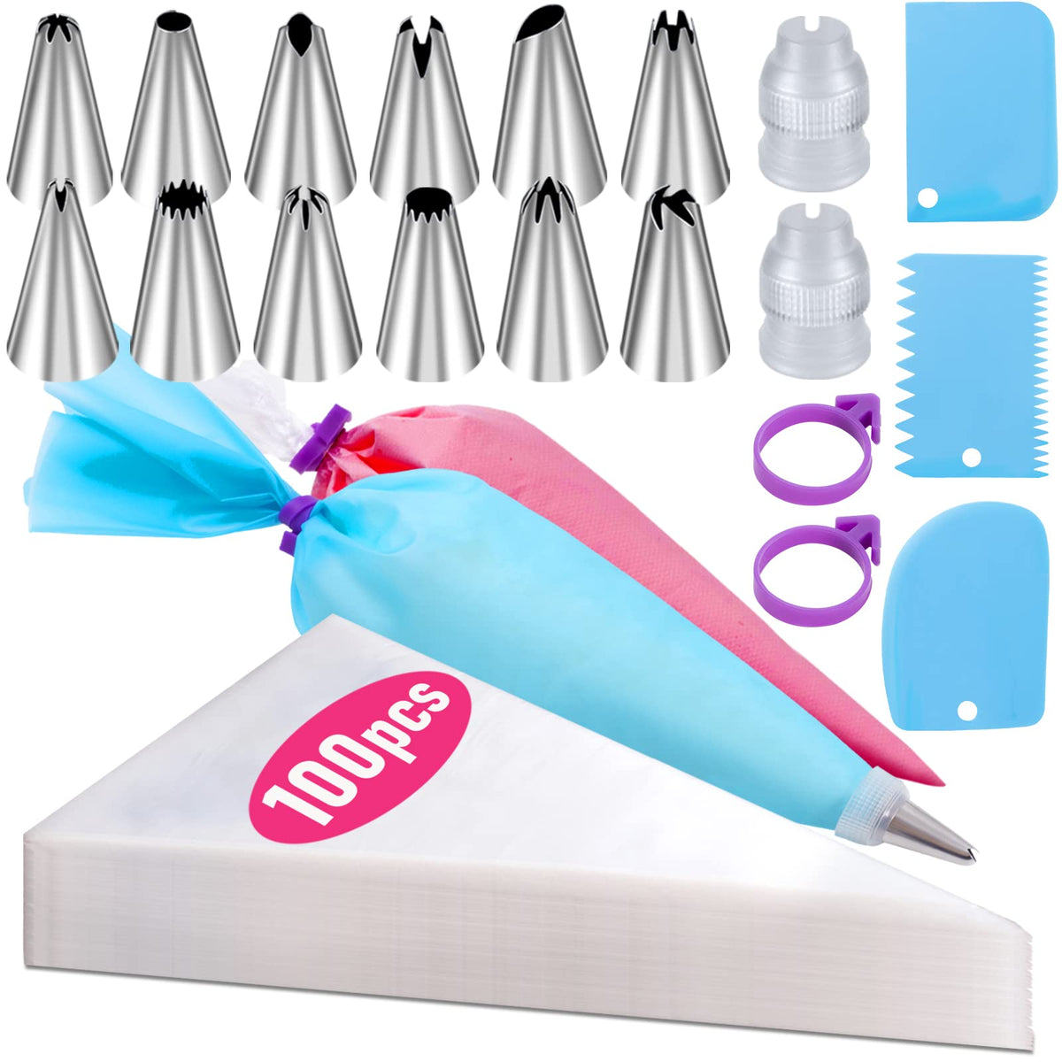 Piping Bags And Tips Set, 100Pcs 12 Inch Pastry Bags, Icing Bags Disposable For Cakes Decorating Kit Supplies With 1 Reusable Pi