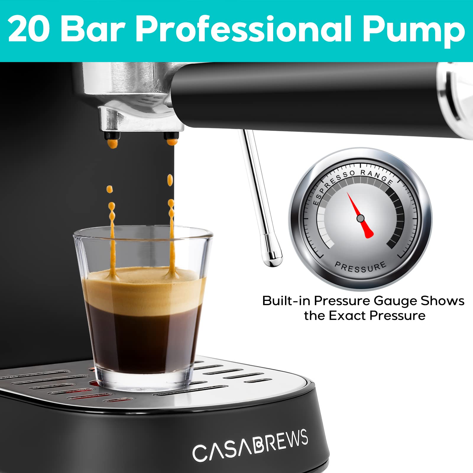 Casabrews Espresso Machine 20 Bar, Stainless Steel Espresso Maker With Milk Frother Steam Wand, Compact Cappuccino Machine For H