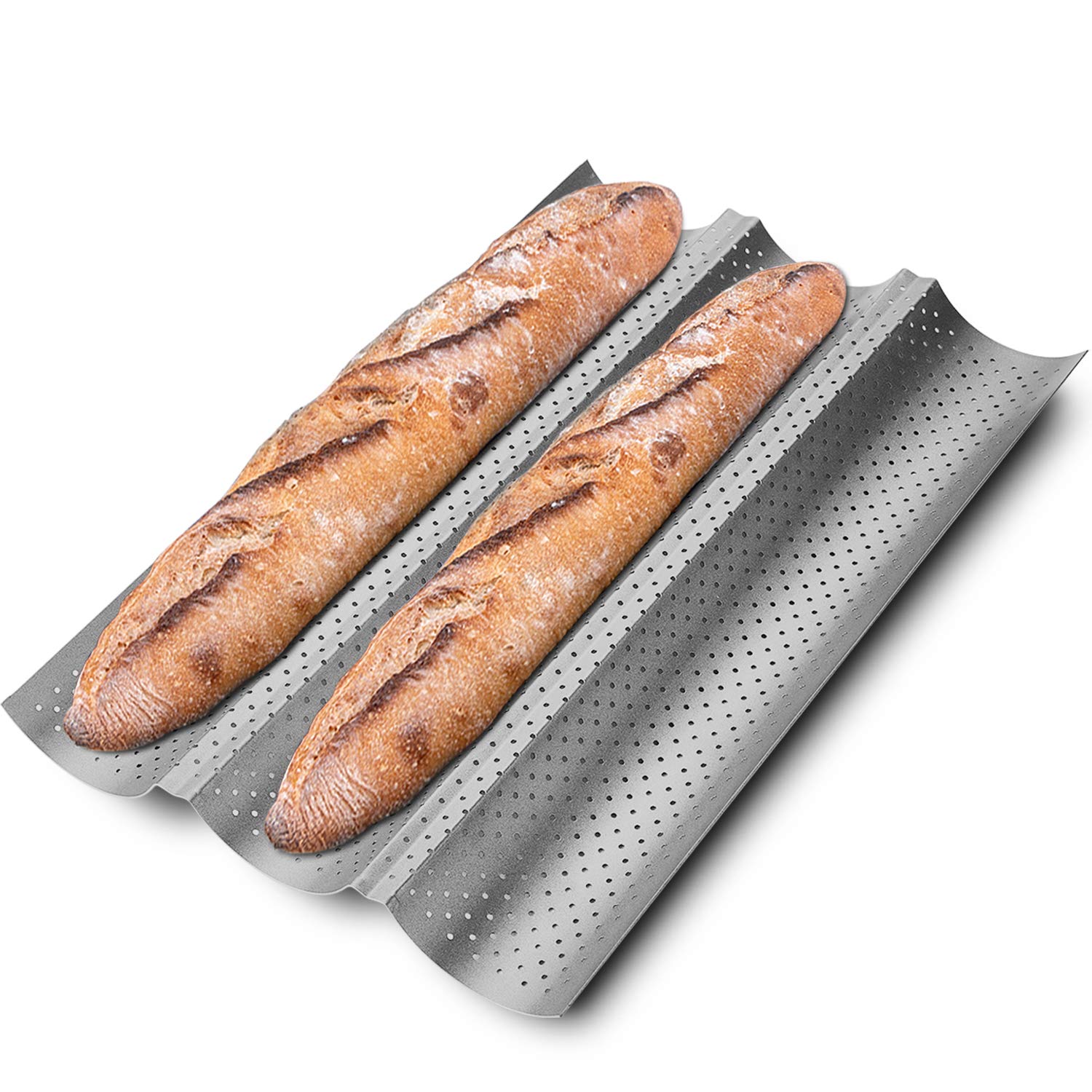 Kitessensu Nonstick Baguette Pans For French Bread Baking, Perforated 3 Loaves Baguettes Bakery Tray, 15'' X 9'', Silver