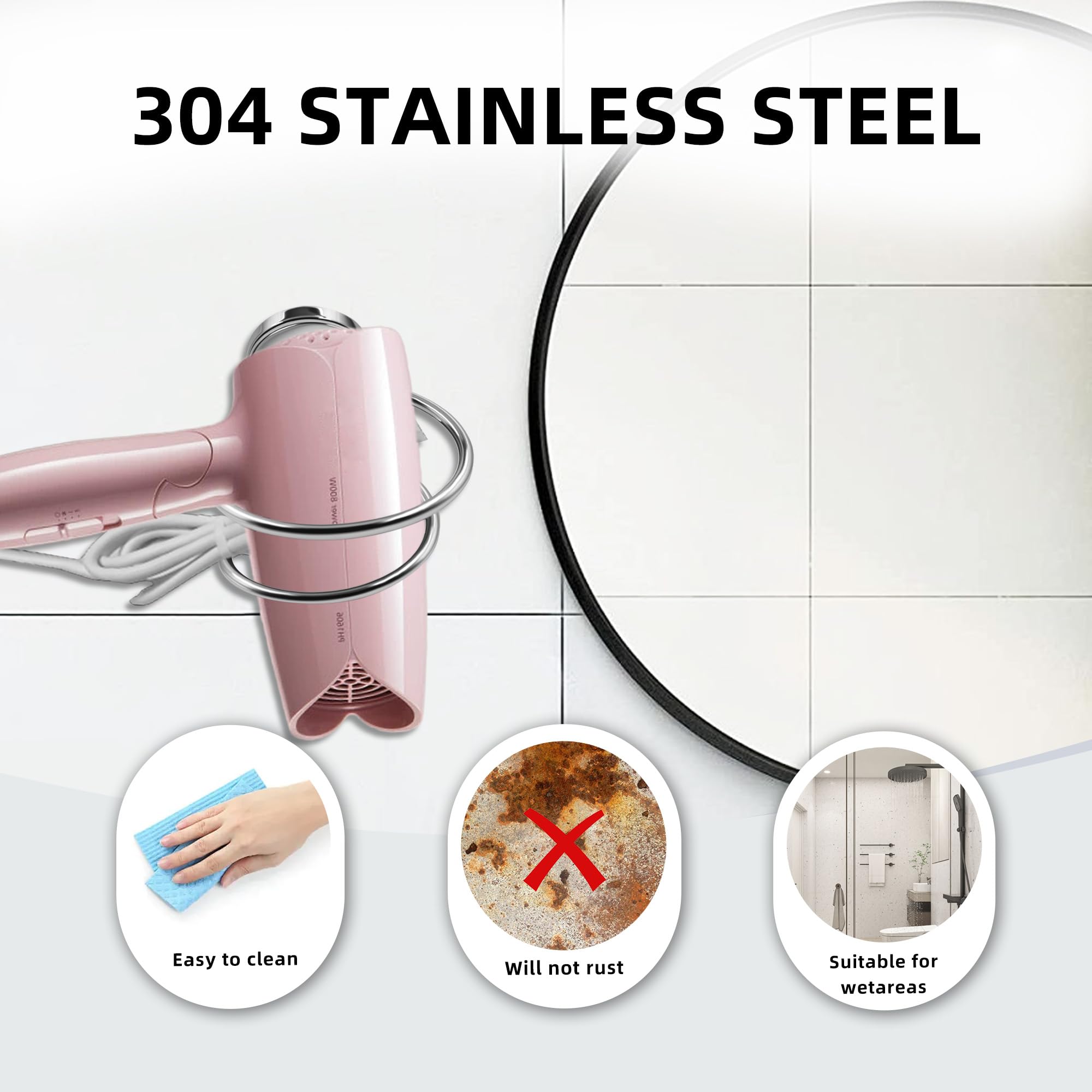 SWETON Bathroom Hair Dryer Holder, Chrome Finished Stainless Steel, Wall Mount, 1 Count, Silver