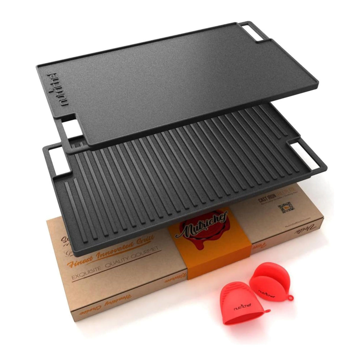 Nutrichef Cast Iron Reversible Grill Plate - 18 Inch Flat & Ridged Skillet Griddle Pan, Fits Two Burners, For Gas, Electric, Cer