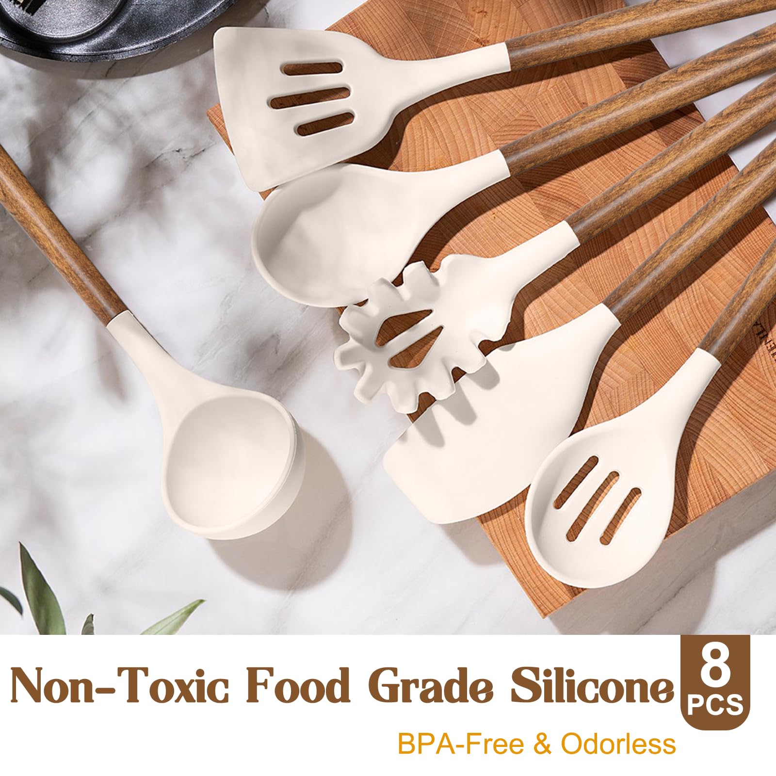 Silicone Cooking Utensil Set,Umite Chef 8-Piece Kitchen Utensils Set With Natural Acacia Wooden Handles, Silicone Heads-Silicone