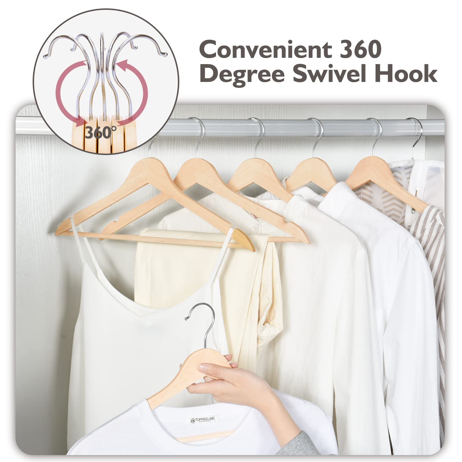 Edergoo Wooden Hangers, 30 Pack Wood Hangers With 360-Degree Rotatable Hook And Non Slip Pants Bar, Smooth Finish Coat Hangers F