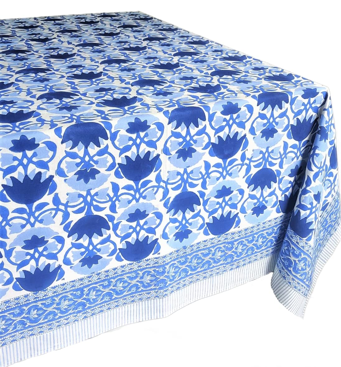 ATOSII Positano Blue 100% Cotton Square Fall Tablecloth, Handblock Floral Print Linen Table Cloth for Kitchen I Dining Table I T
