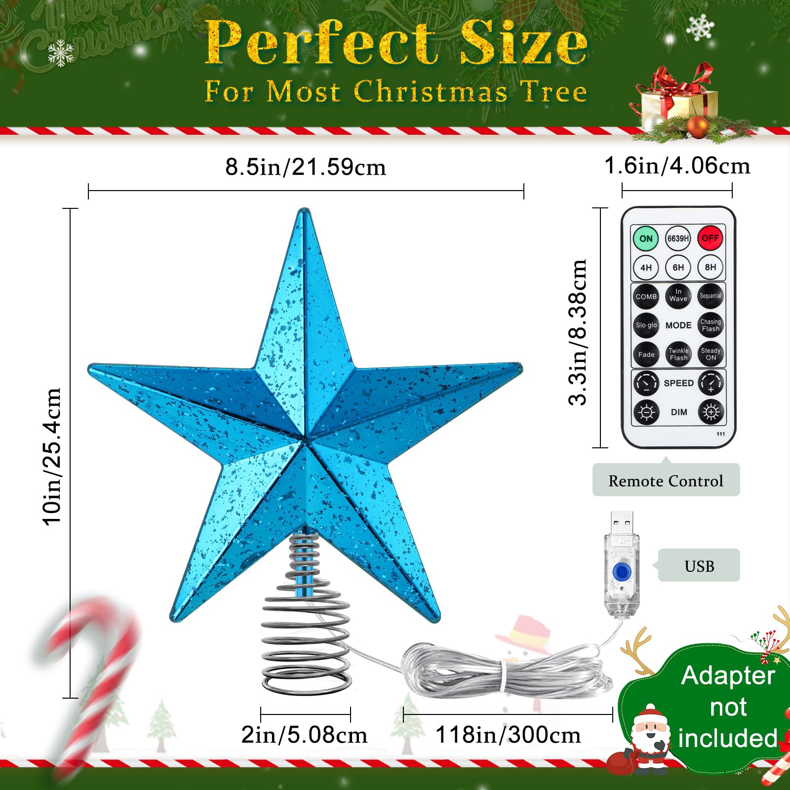 Blue Christmas Tree Star Topper with Lights, 8.5-Inch Light-Up Christmas Tree Topper with Remote Control, 4 Brightness Levels &