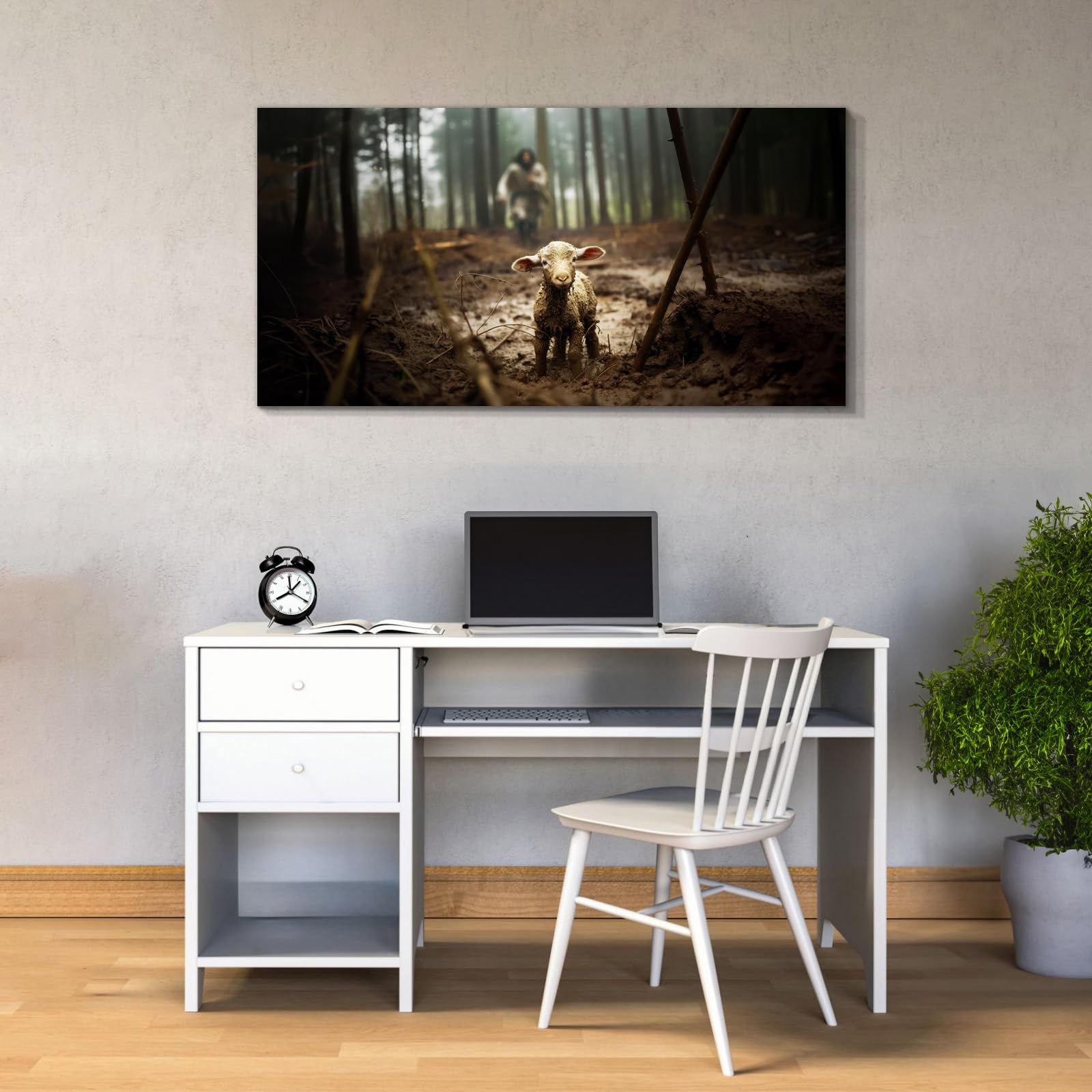Jesus And Lamb Canvas Wall Art 40''X20'' Jesus Running After Lost Lamb Picture Wall Art Canvas Print Christian Home Decor