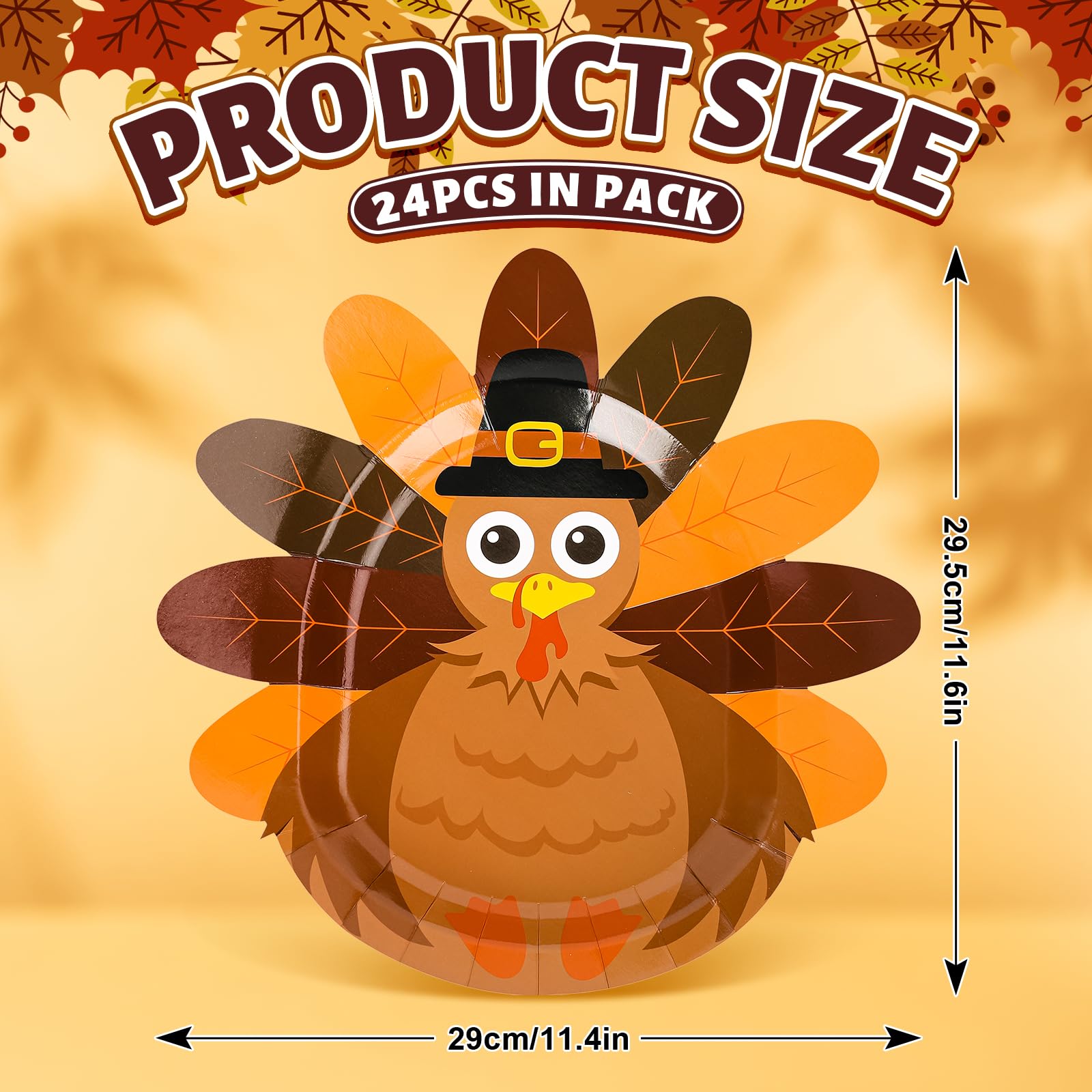 Whaline 24Pcs Thanksgiving Paper Plates Cute Turkey Shaped Disposable Plates Turkey Pattern Decorative Tableware for Fall Thanks