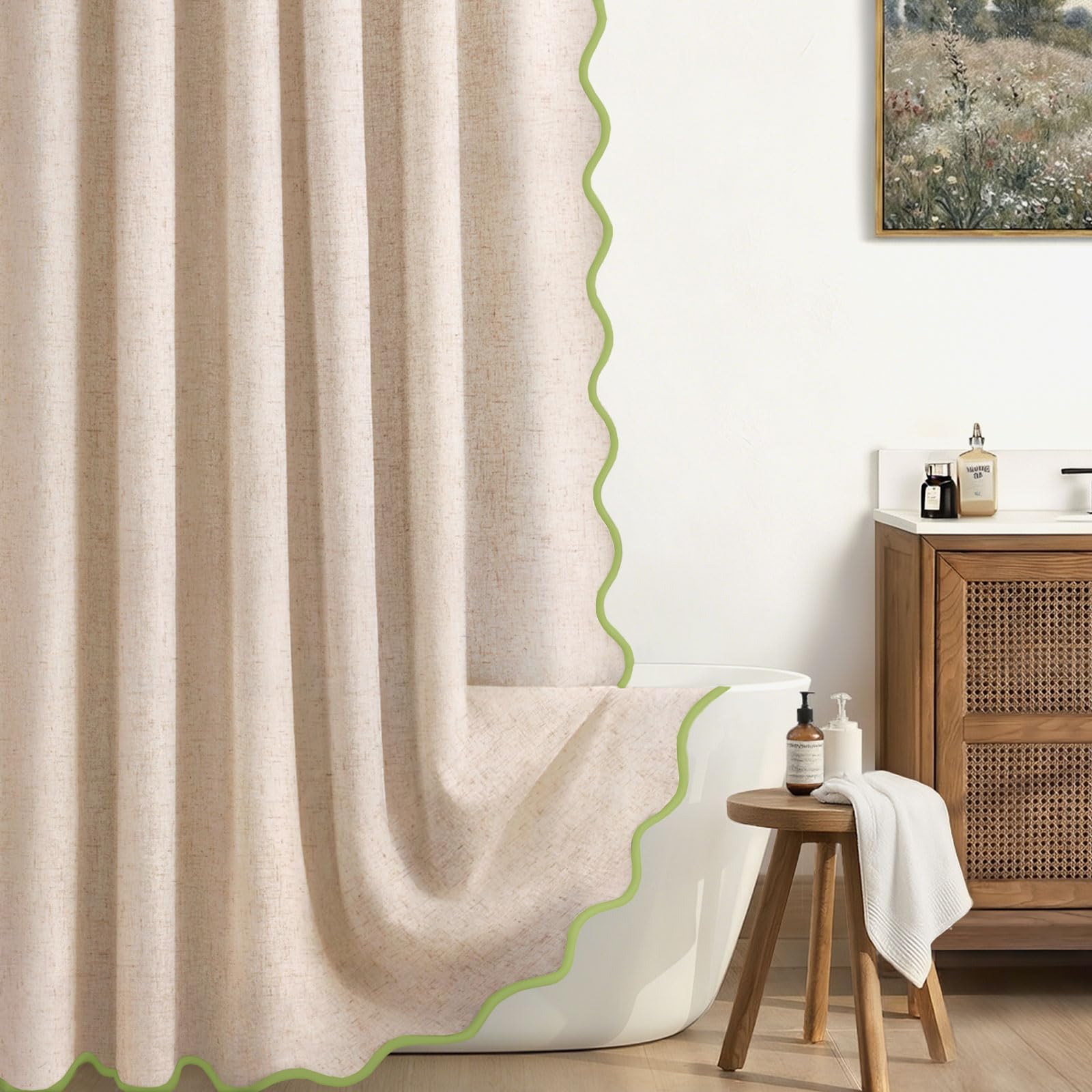 XOGUIBO Linen Shower Curtain Flax Cream Cute Green Scalloped Boho Modern Shower Curtains for Bathroom Set, 72 W x 72 L