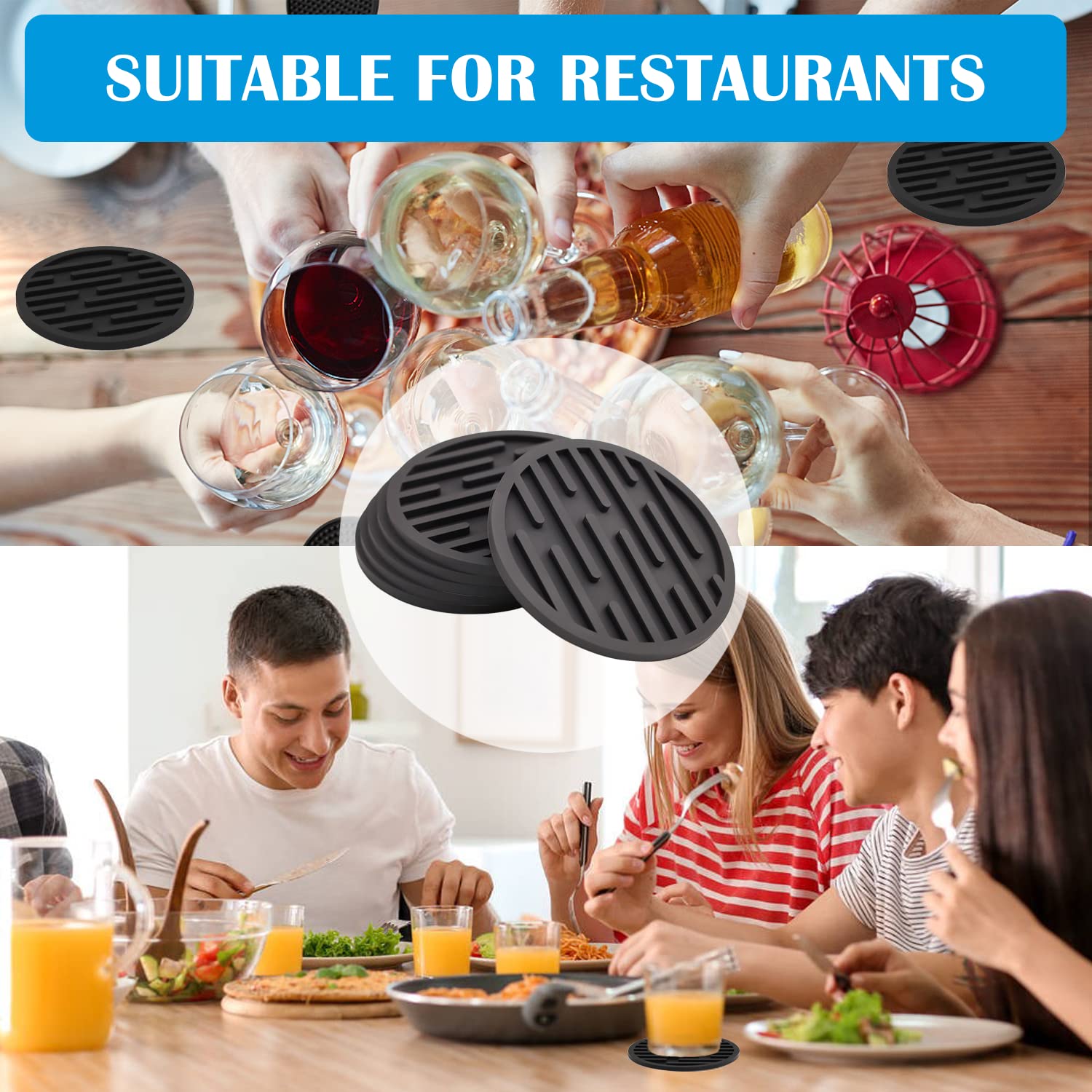 Coasters For Drinks, Silicone Coasters For Coffee Table 6 Set, Non-Slip, Heat Resistant Coasters Fit All Cups, For Bar, Wooden T