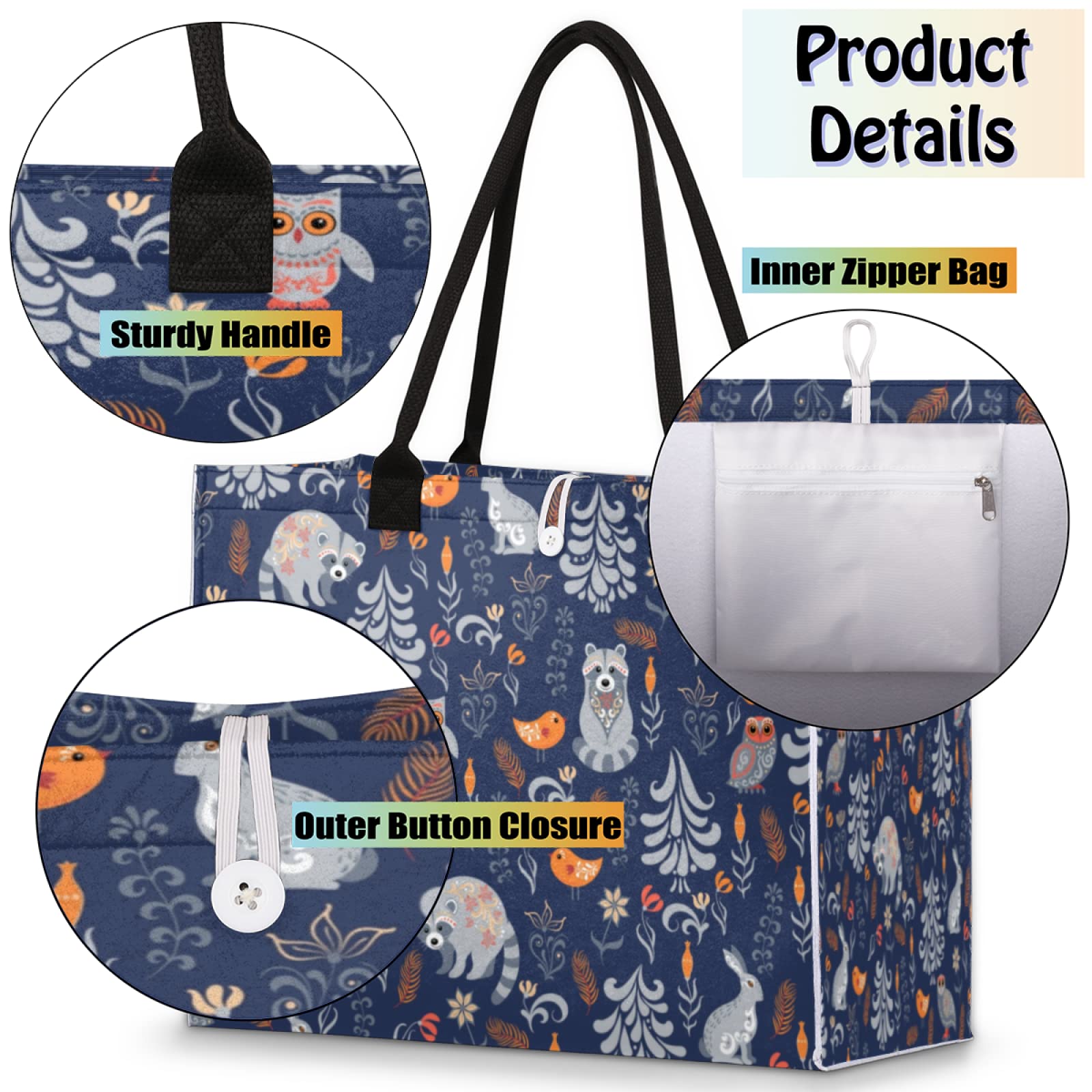 Beach Tote Bag Autumn Forest Animal Bird Raccoon Owl Rabbit Large Travel Bag Utility Tote Bag Women Shoulder Bag Reusable Grocer