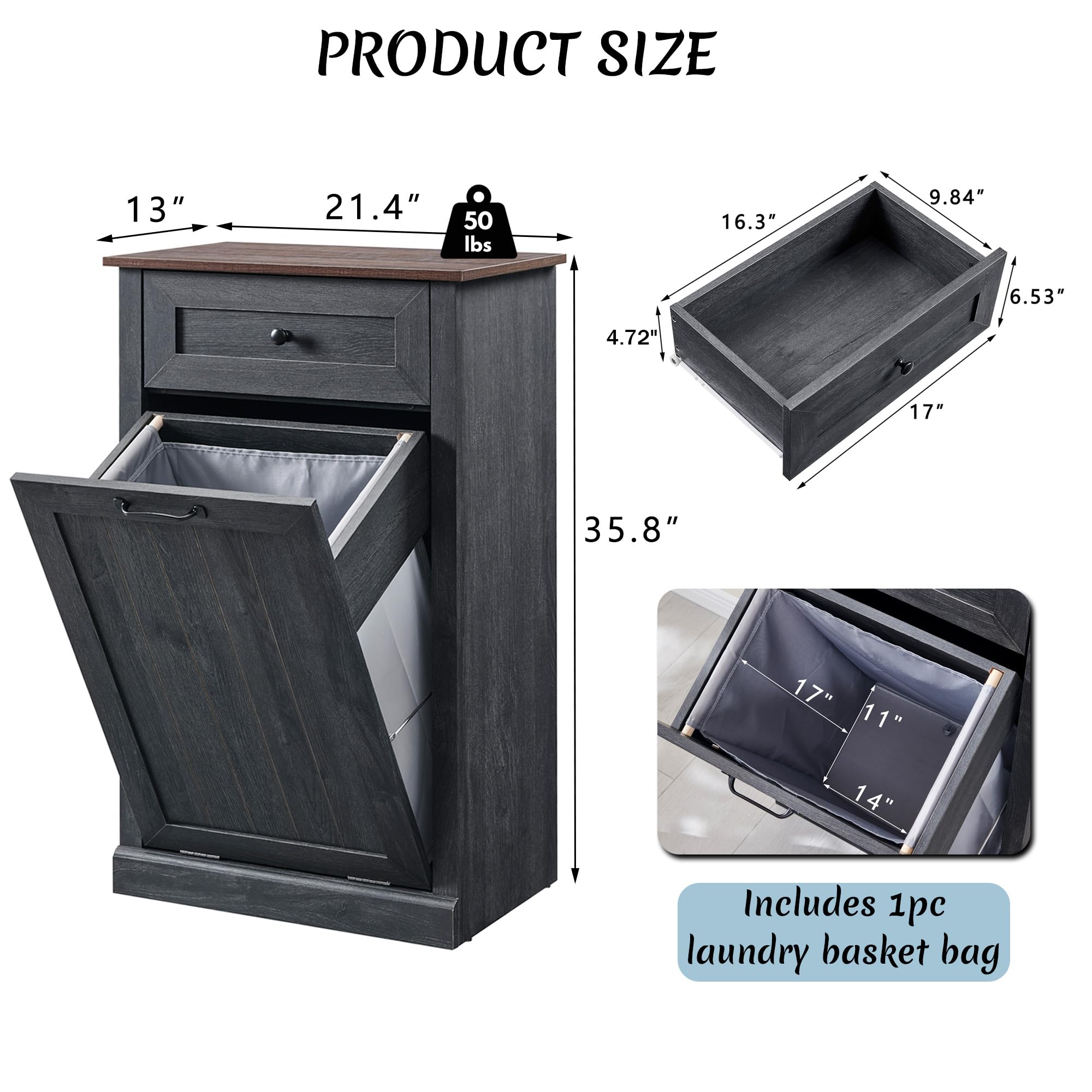 Ifbuy Tilt Out Laundry Hamper Cabinet, 10 Gallon Farmhouse Trash Can Cabinet With Drawer, Hidden Wood Garbage Can Bin Cabinet Wi