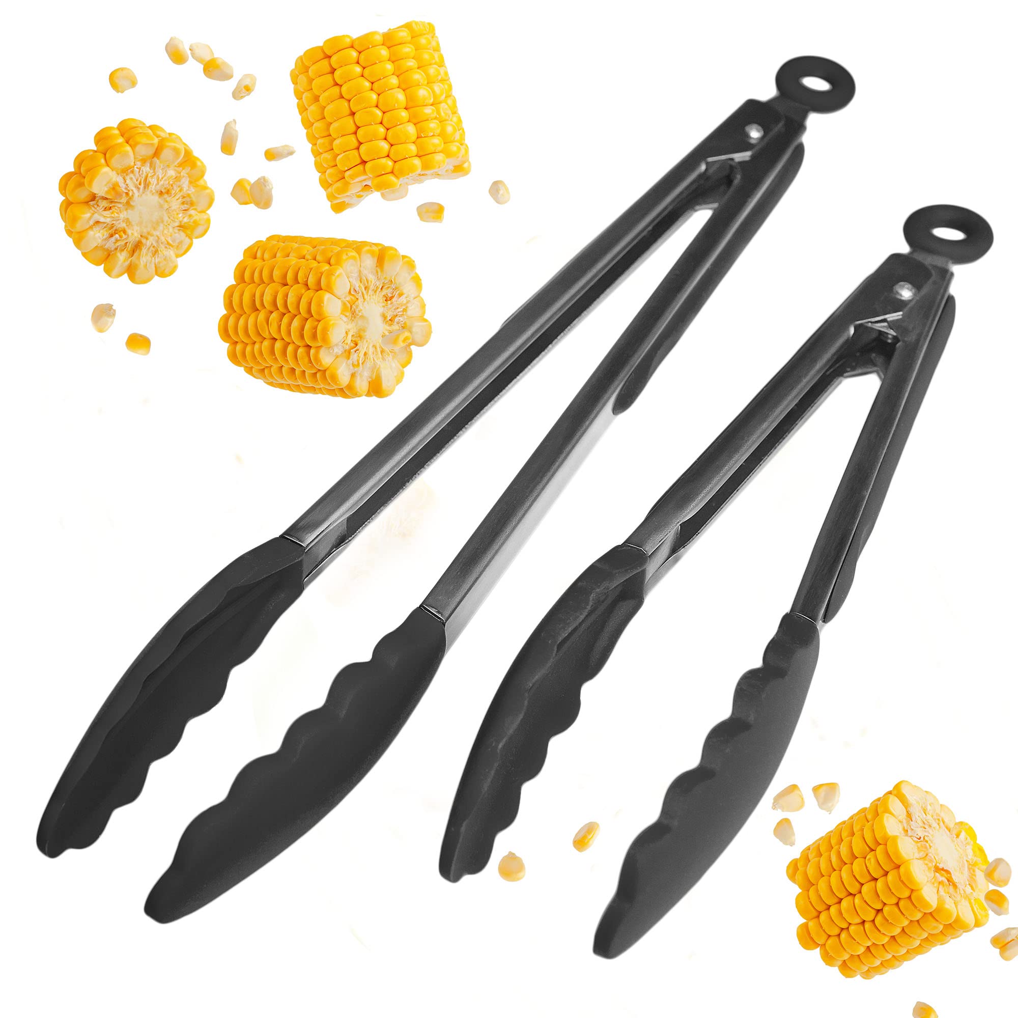 Starpack Premium Silicone Kitchen Tongs For Cooking Set (9'' & 12'' Gray Black) - Stainless Steel Tongs For Cooking With Silicon