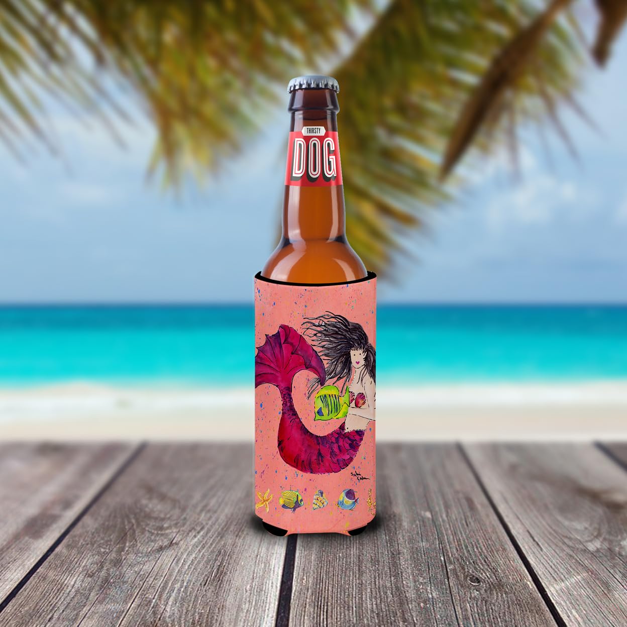 Black haired Mermaid on Red Ultra Beverage Insulators for slim cans 8338MUK