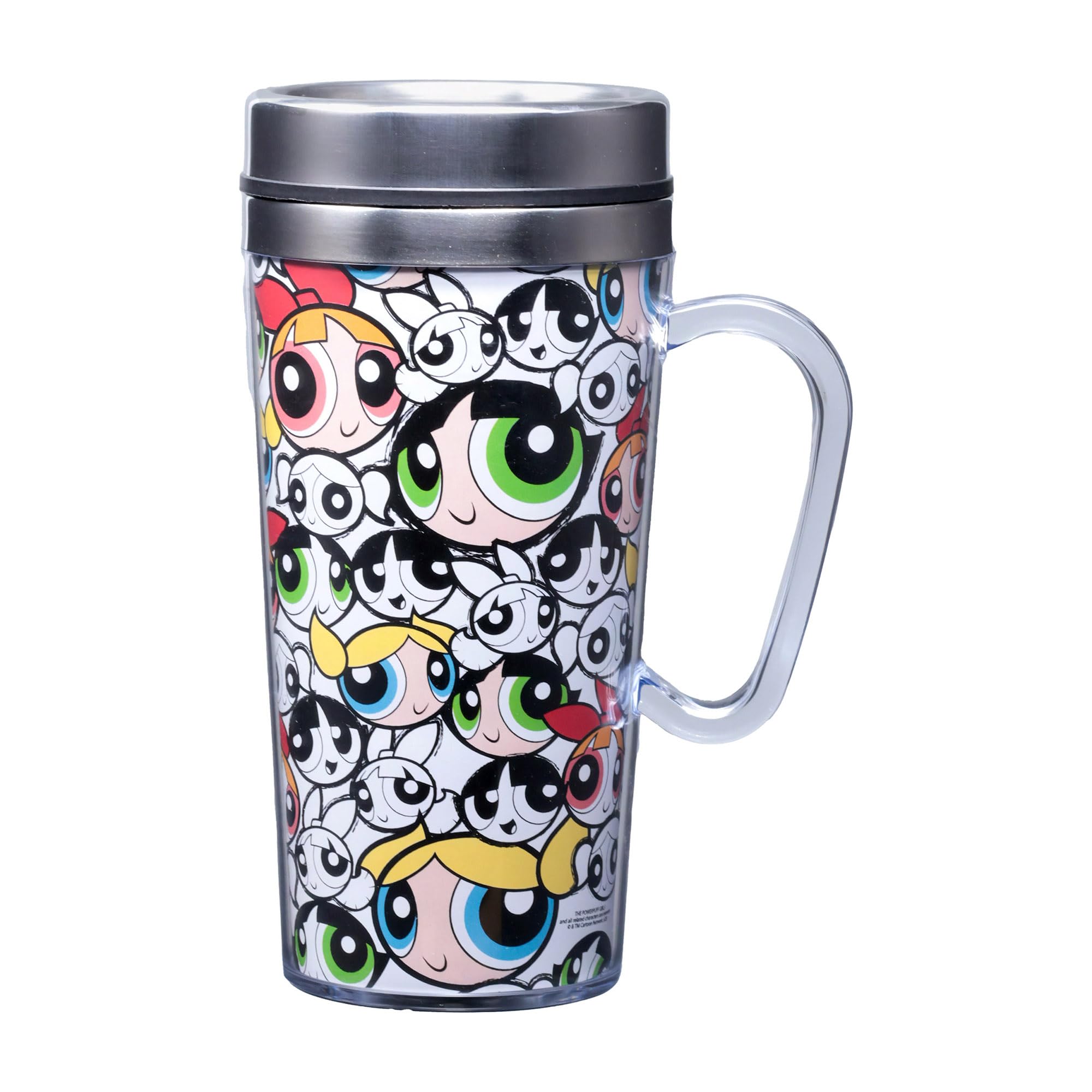 Spoontiques Powerpuff Girls Insulated Travel Mug, 14oz - Double Wall Stainless & Acrylic Drink Cup with Twist Top Lid & Handle